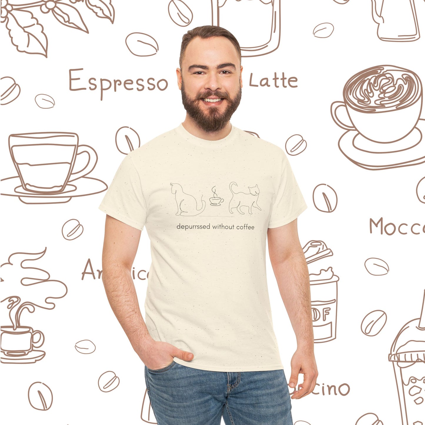 Depurrssed Without Coffee — Minimalist Caffeine Tee, Coffee Cat T‑Shirt
