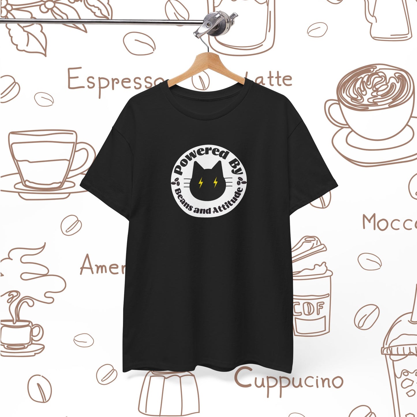 Powered By Beans & Attitude - Coffee Cat graphic tee | minimalist coffee cat illustration, pet lover shirt