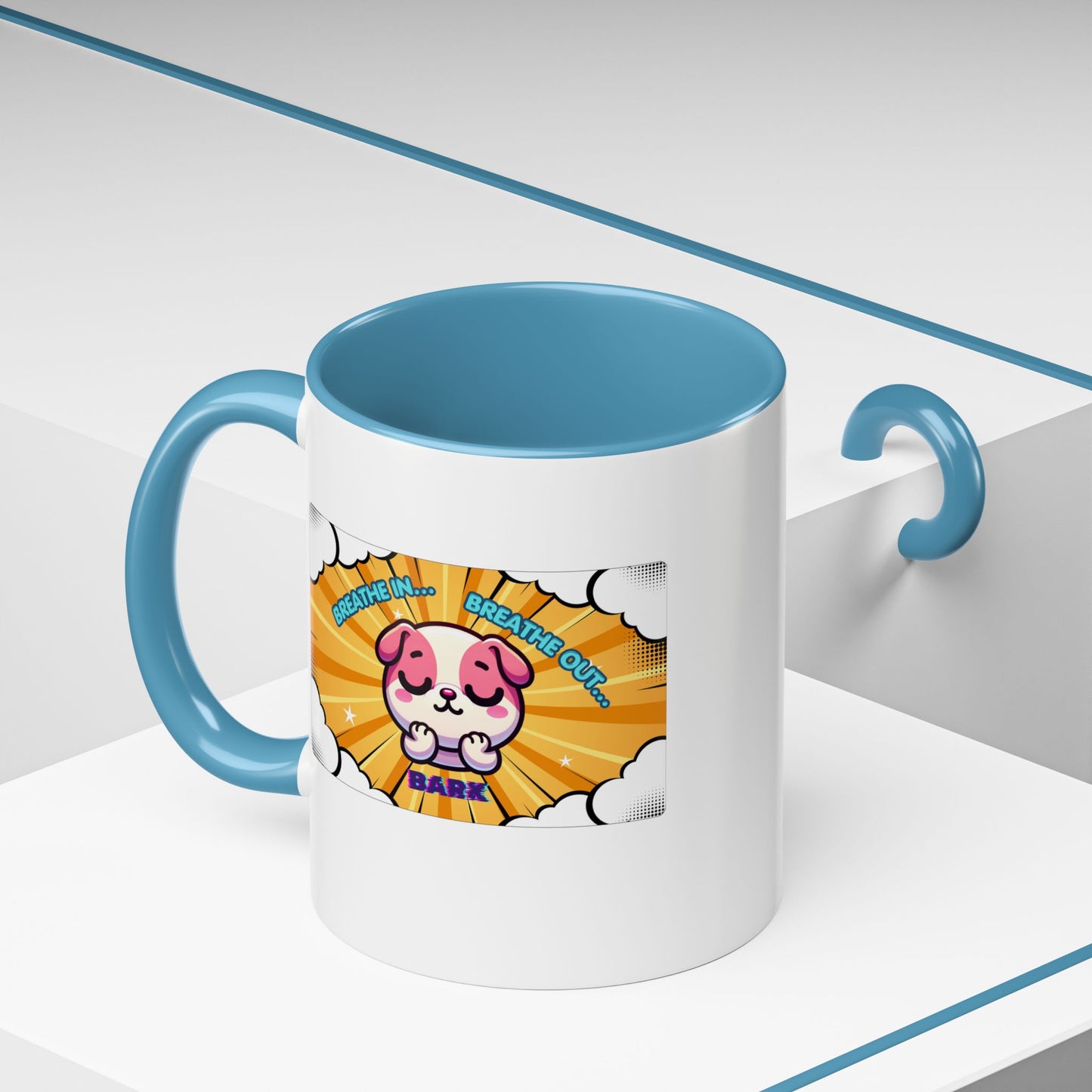 Stay Calm Pink Bulldog Kawaii Emote Coffee Mug — "Breathe In... Breathe Out... Bark"