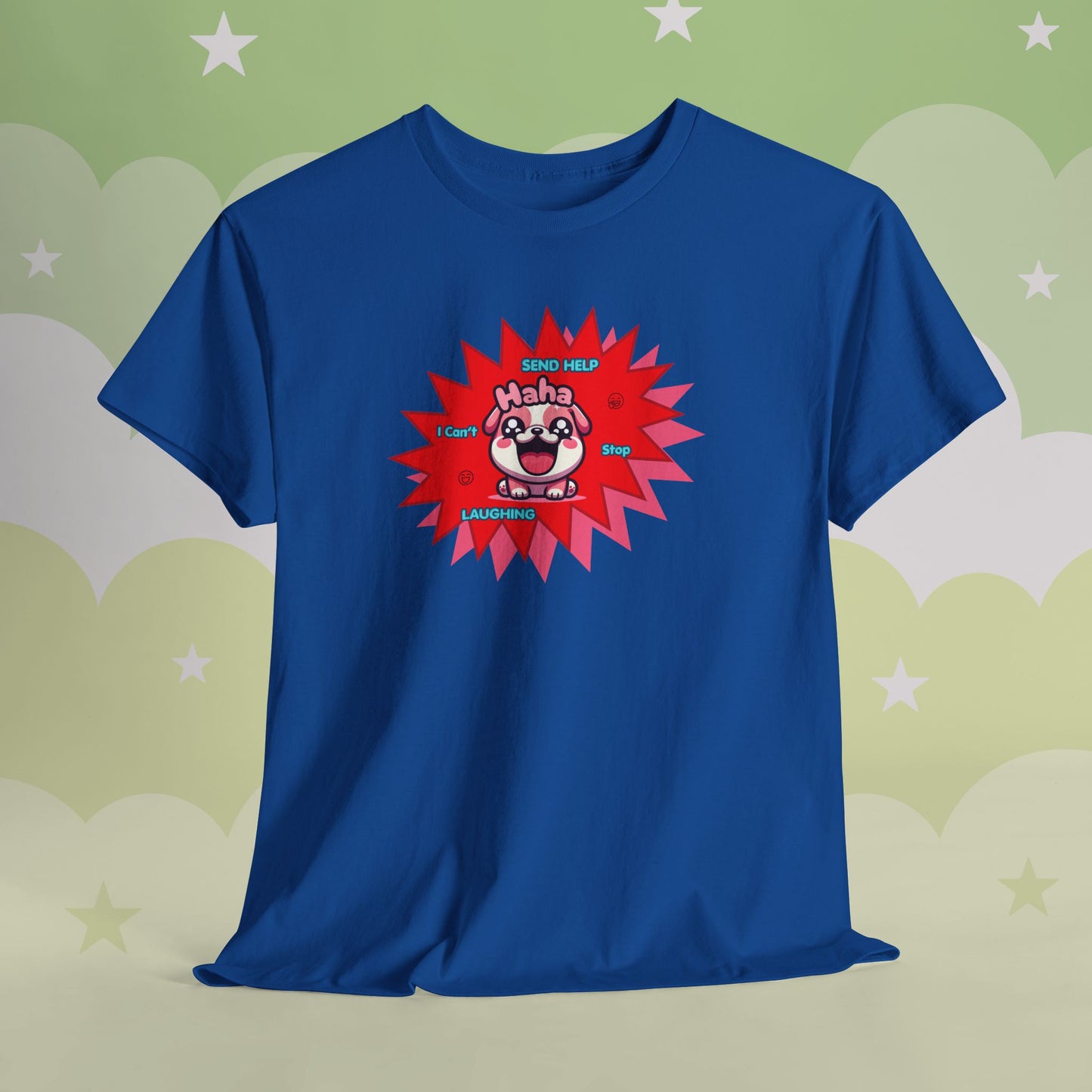 Laughing Pink Bulldog T-Shirt — "Help, I Can't Stop Laughing" Funny Emote Tee