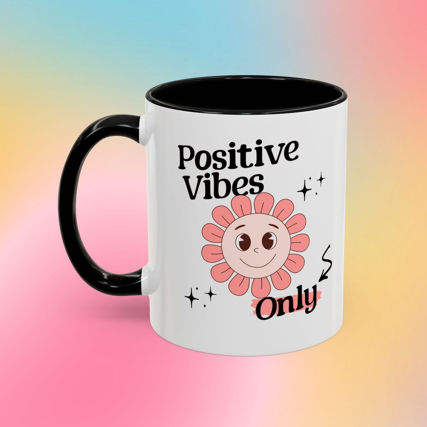 Retro Smiling Pink Flower Accent Coffee Mug — "Positive Vibes Only"