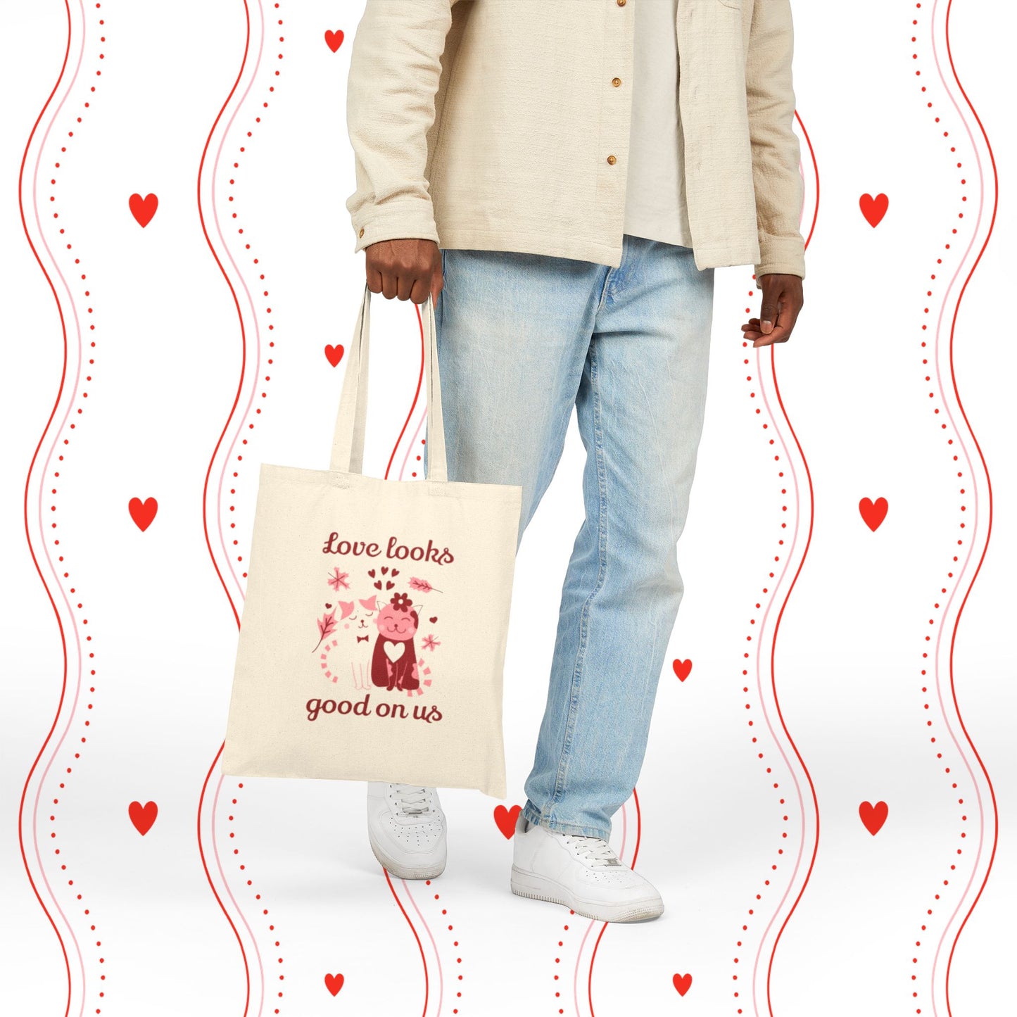 Love Looks Good On Us Tote Bag — Cute Cat & Heart Canvas Shopper