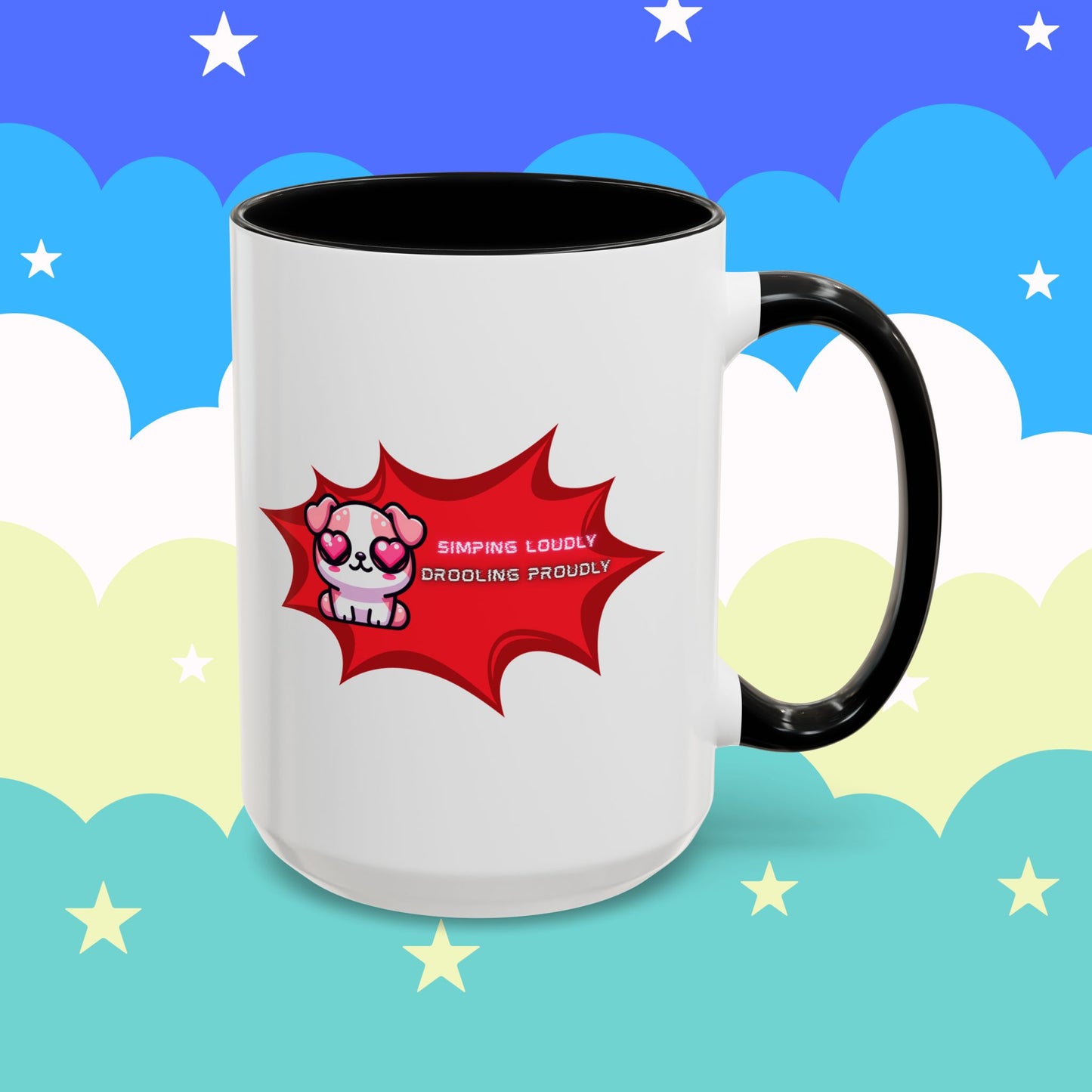 Cute Pink Bulldog Coffee Mug — “Simping Loudly, Drooling Proudly” Kawaii Heart-Eyed