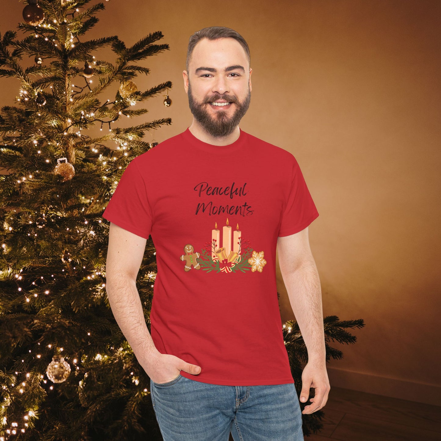 Peaceful Moments Tee — Holiday Candle & Floral Graphic T-Shirt, Cozy Christmas Aesthetic