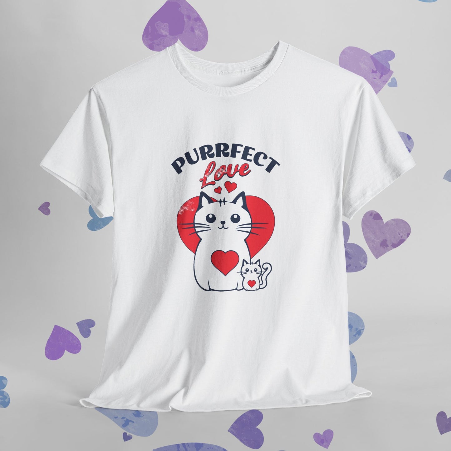 Purrfect Love Cat T-Shirt — Cute Heart Cat Graphic Tee for Cat Lovers, Valentine's Day Gift
