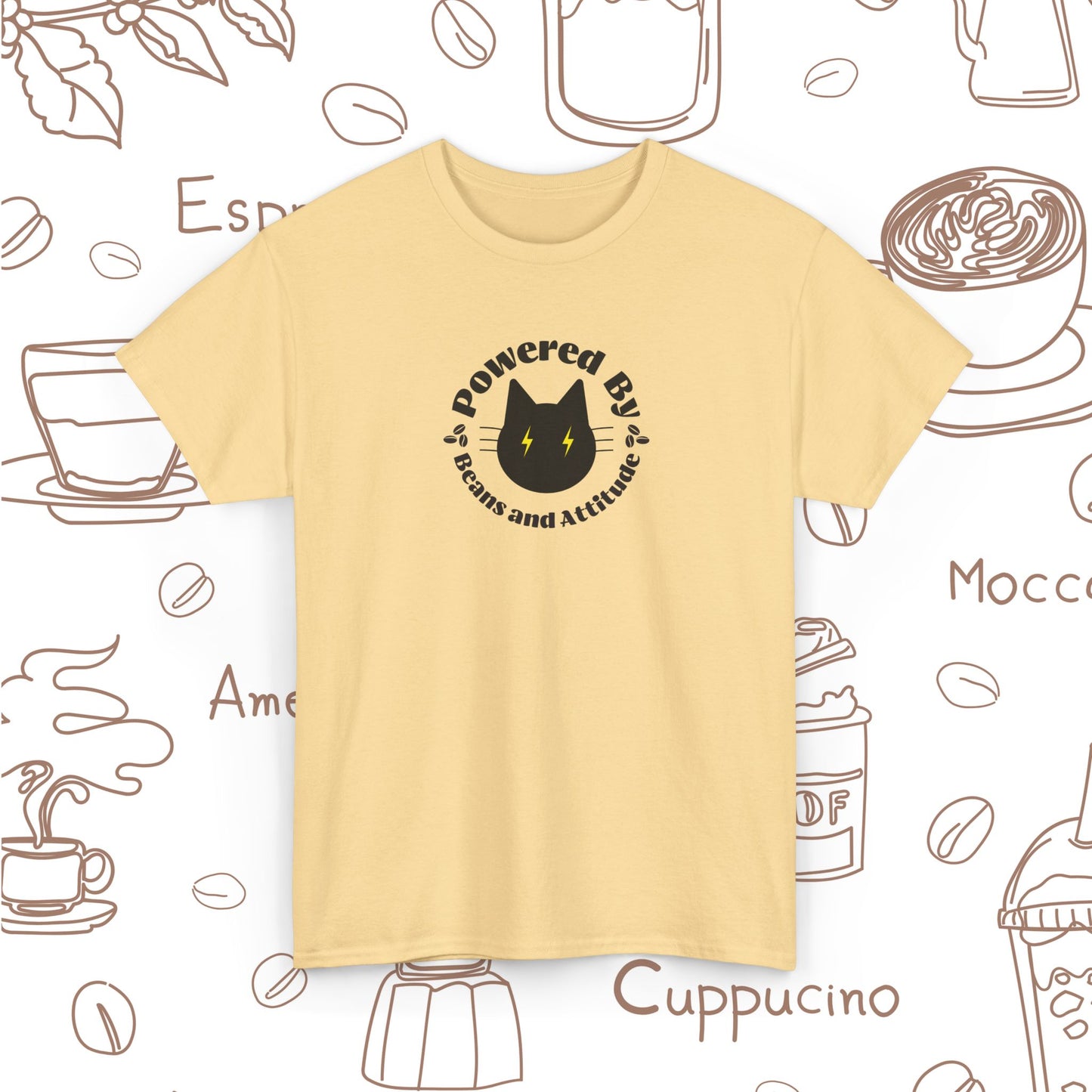 Powered By Beans & Attitude - Coffee Cat graphic tee | minimalist coffee cat illustration, pet lover shirt