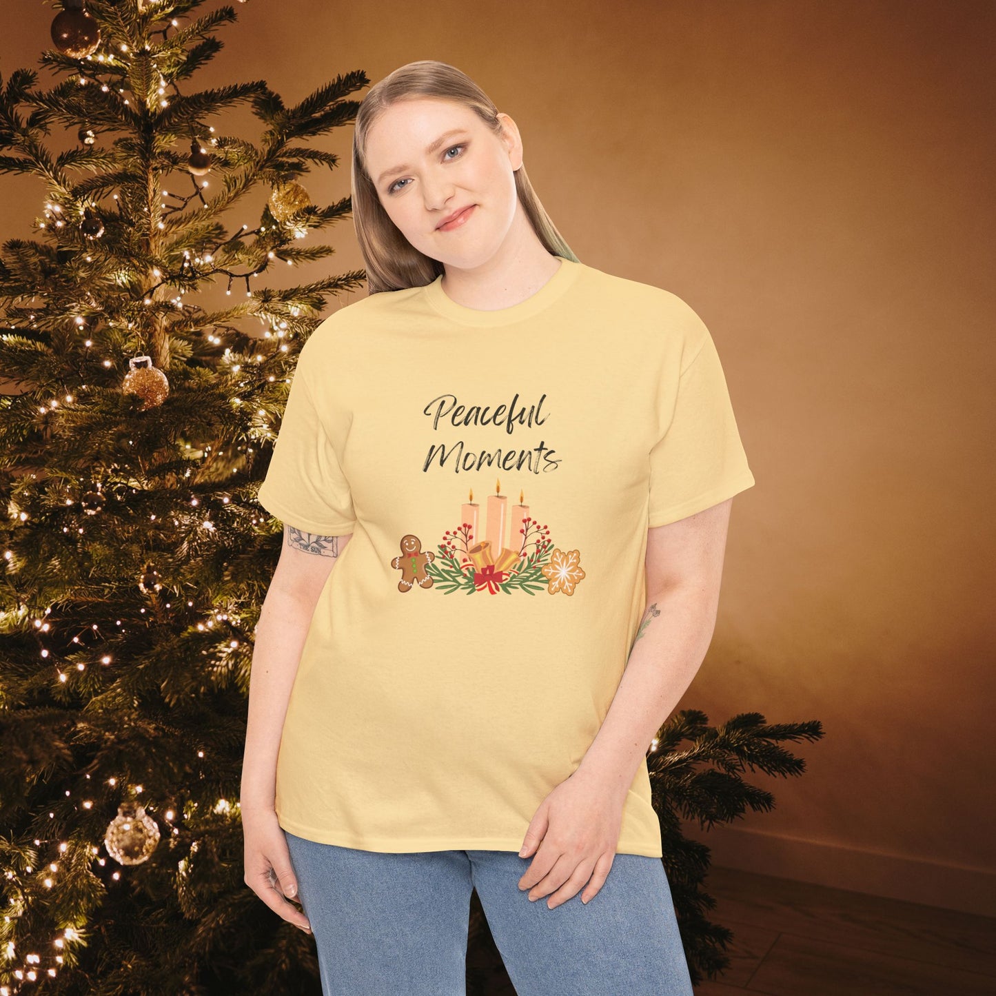 Peaceful Moments Tee — Holiday Candle & Floral Graphic T-Shirt, Cozy Christmas Aesthetic