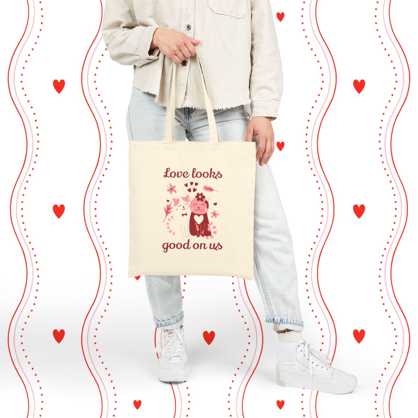 Love Looks Good On Us Tote Bag — Cute Cat & Heart Canvas Shopper