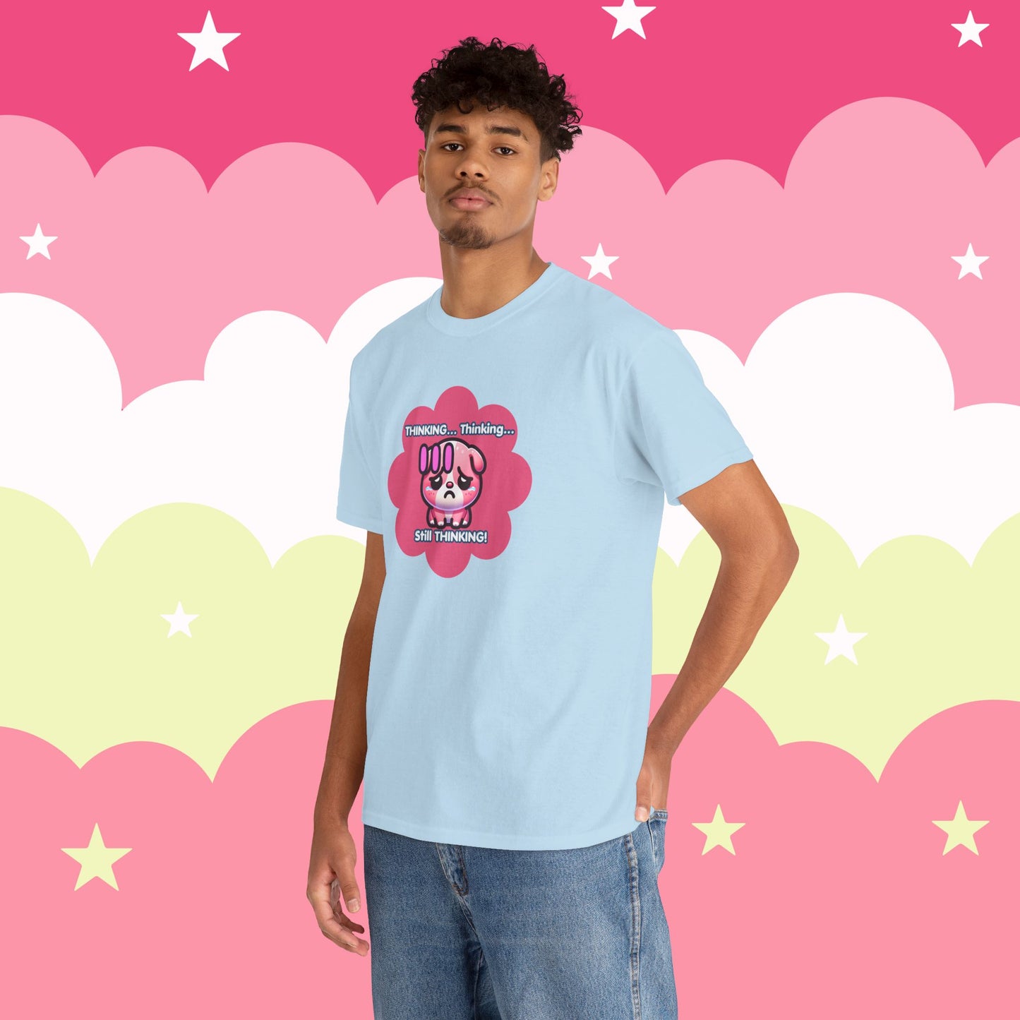 Contemplating Pink Bulldog Emote "Thinking... Still Thinking!" MoodT-Shirt