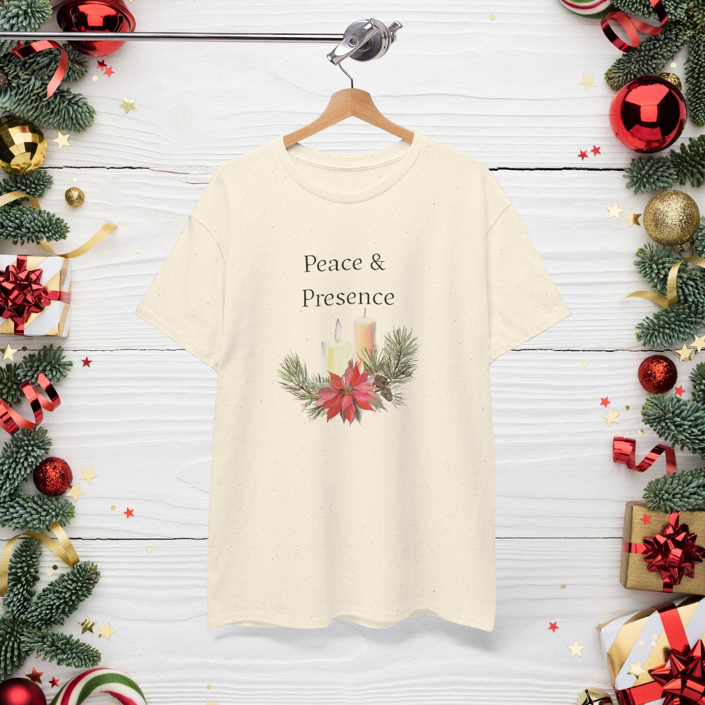 Peace & Presence Cozy Tee — Holiday Floral Christmas T‑Shirt, Cozy Christmas Aesthetic