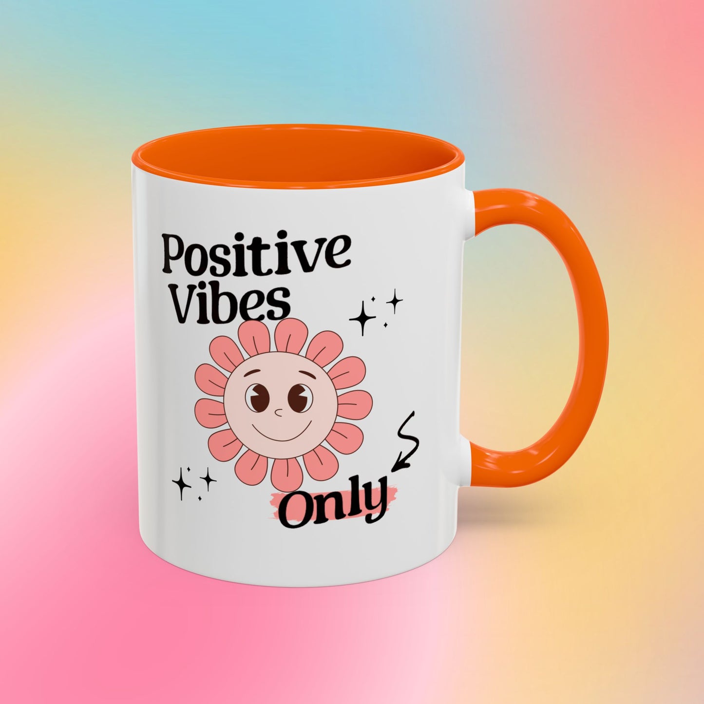 Retro Smiling Pink Flower Accent Coffee Mug — "Positive Vibes Only"