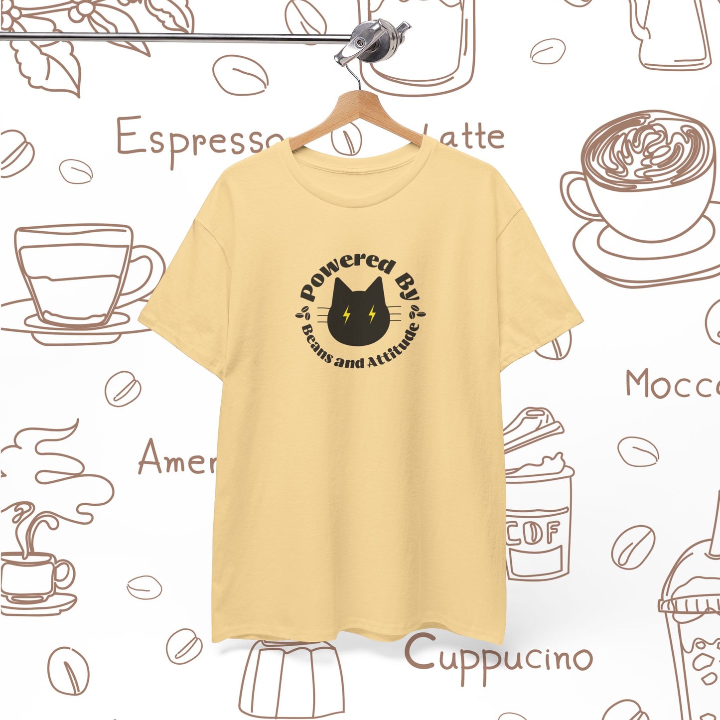 Powered By Beans & Attitude - Coffee Cat graphic tee | minimalist coffee cat illustration, pet lover shirt