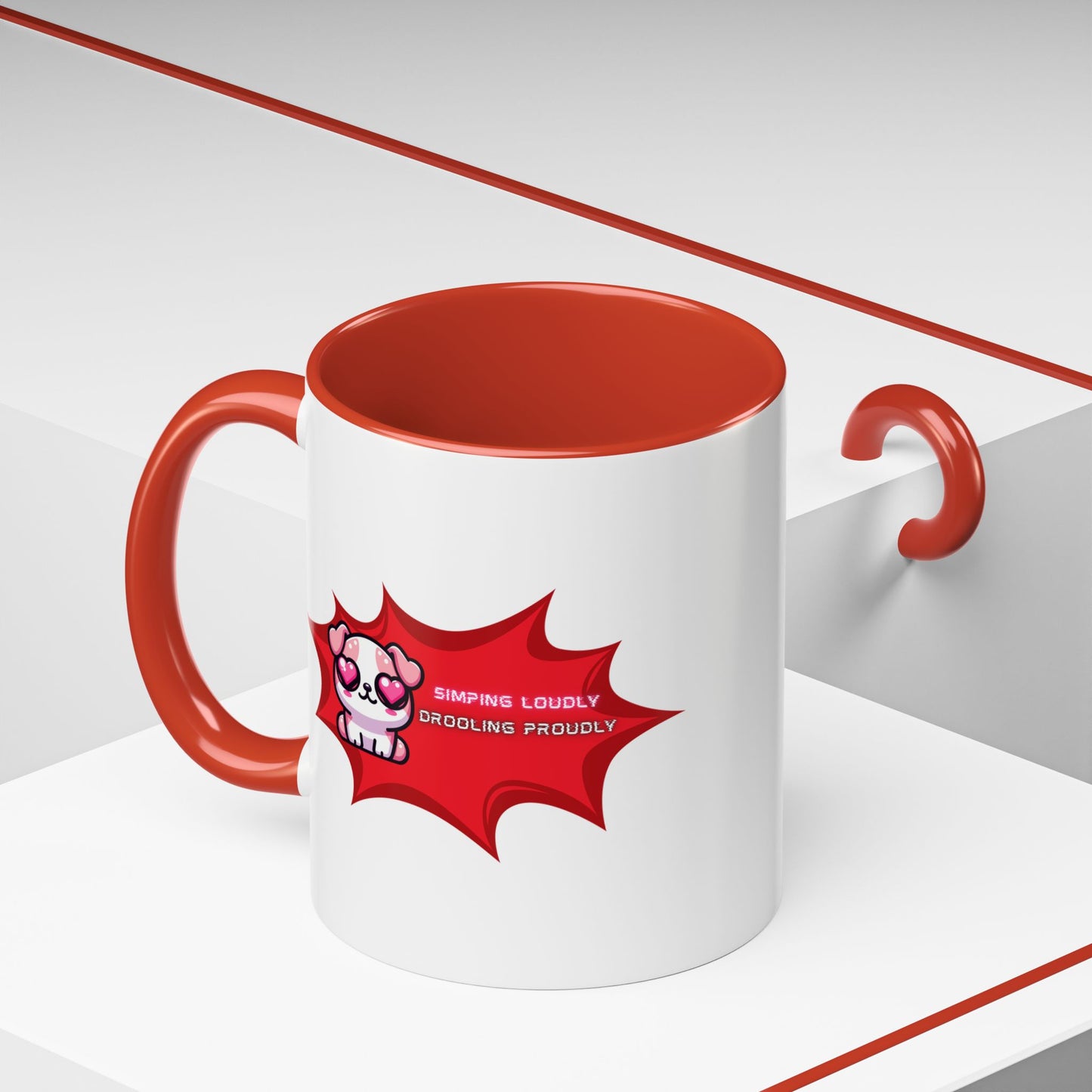 Cute Pink Bulldog Coffee Mug — “Simping Loudly, Drooling Proudly” Kawaii Heart-Eyed