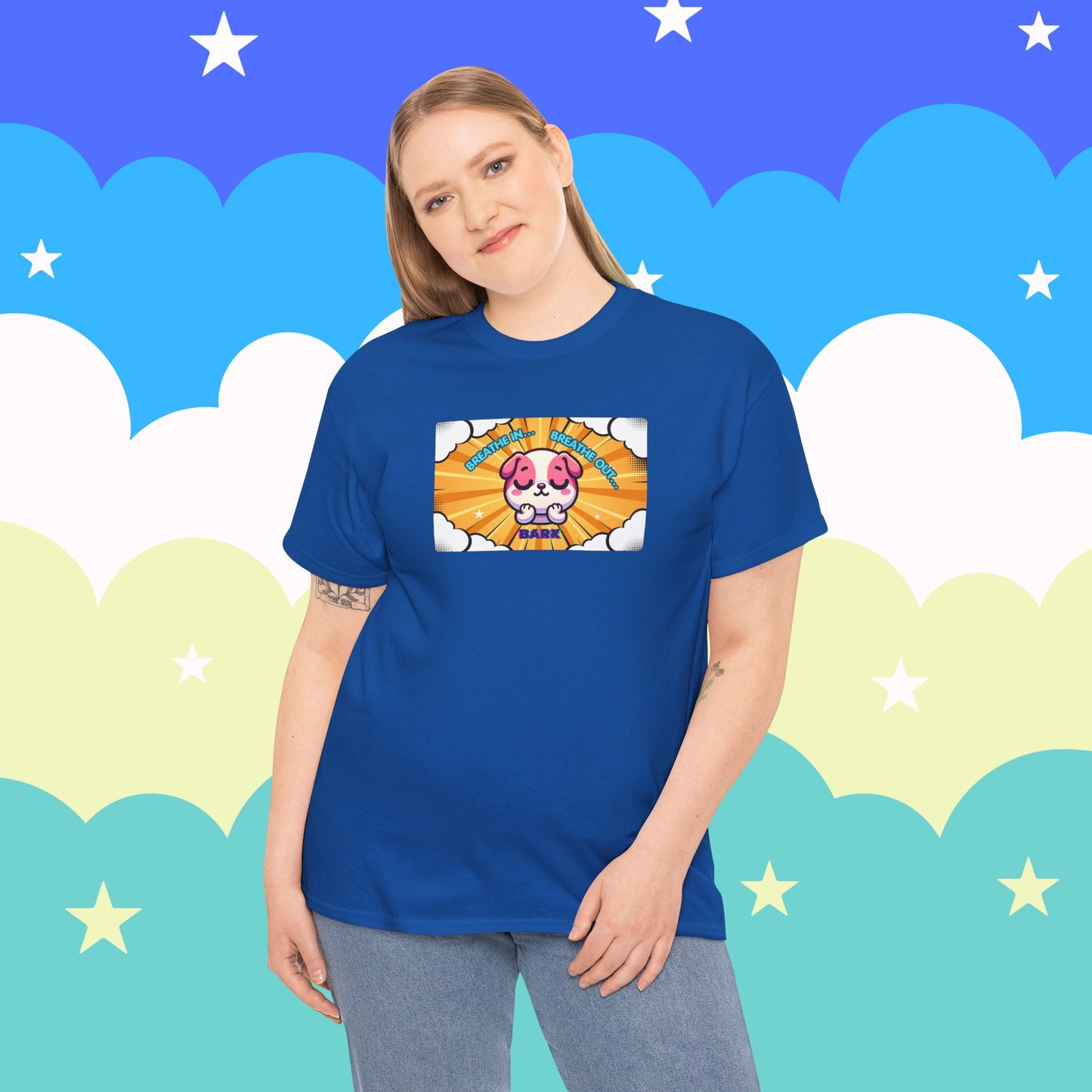 Stay Calm Pink Bulldog T-Shirt — "Breath in, Breath out, Bark" Funny Tee