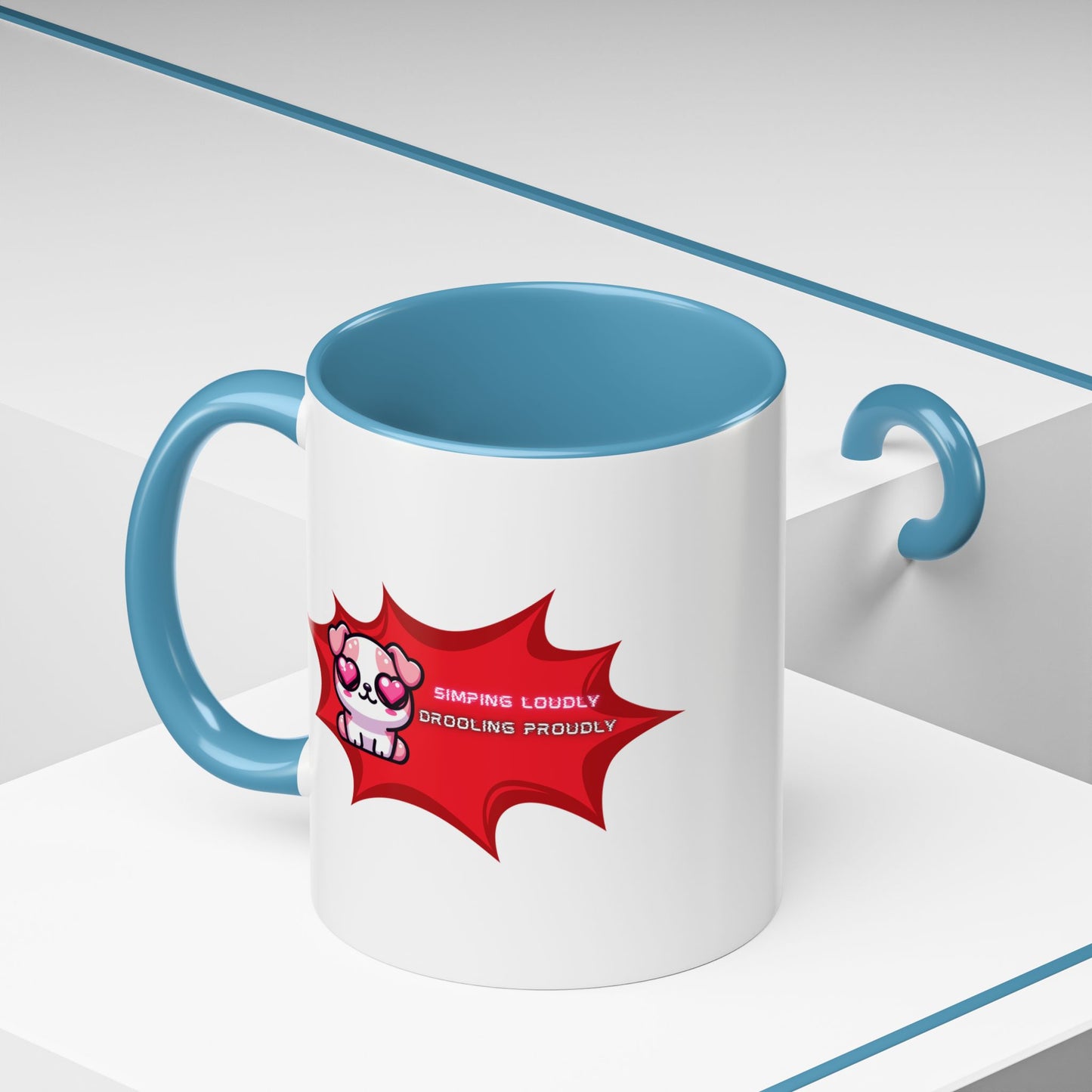 Cute Pink Bulldog Coffee Mug — “Simping Loudly, Drooling Proudly” Kawaii Heart-Eyed