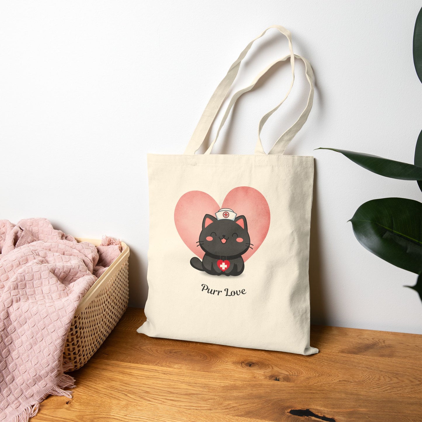 Nurse Cat Canvas Tote — "Purr Love" Valentine Cat Nurse