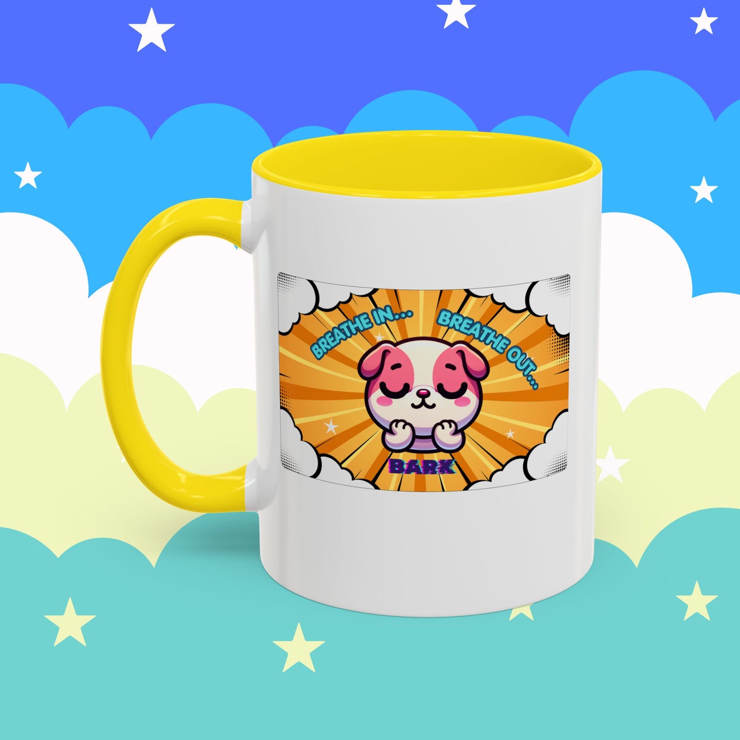 Stay Calm Pink Bulldog Kawaii Emote Coffee Mug — "Breathe In... Breathe Out... Bark"