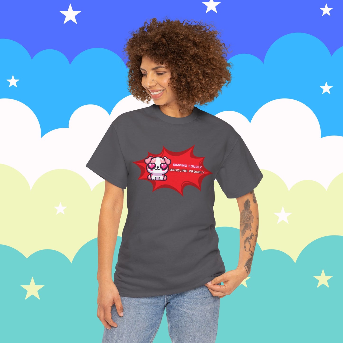 Kawaii Heart-Eyed "Simping Loudly, Drooling Proudly" Pink Bulldog T-Shirt