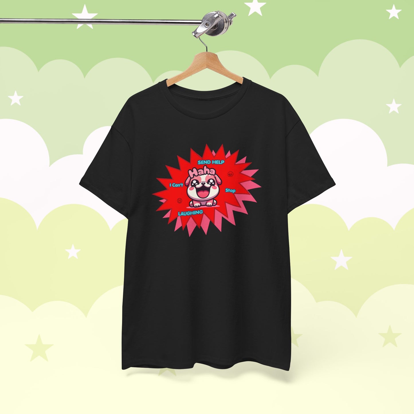 Laughing Pink Bulldog T-Shirt — "Help, I Can't Stop Laughing" Funny Emote Tee