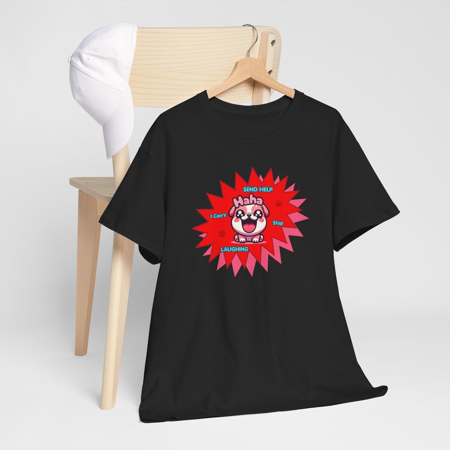Laughing Pink Bulldog T-Shirt — "Help, I Can't Stop Laughing" Funny Emote Tee