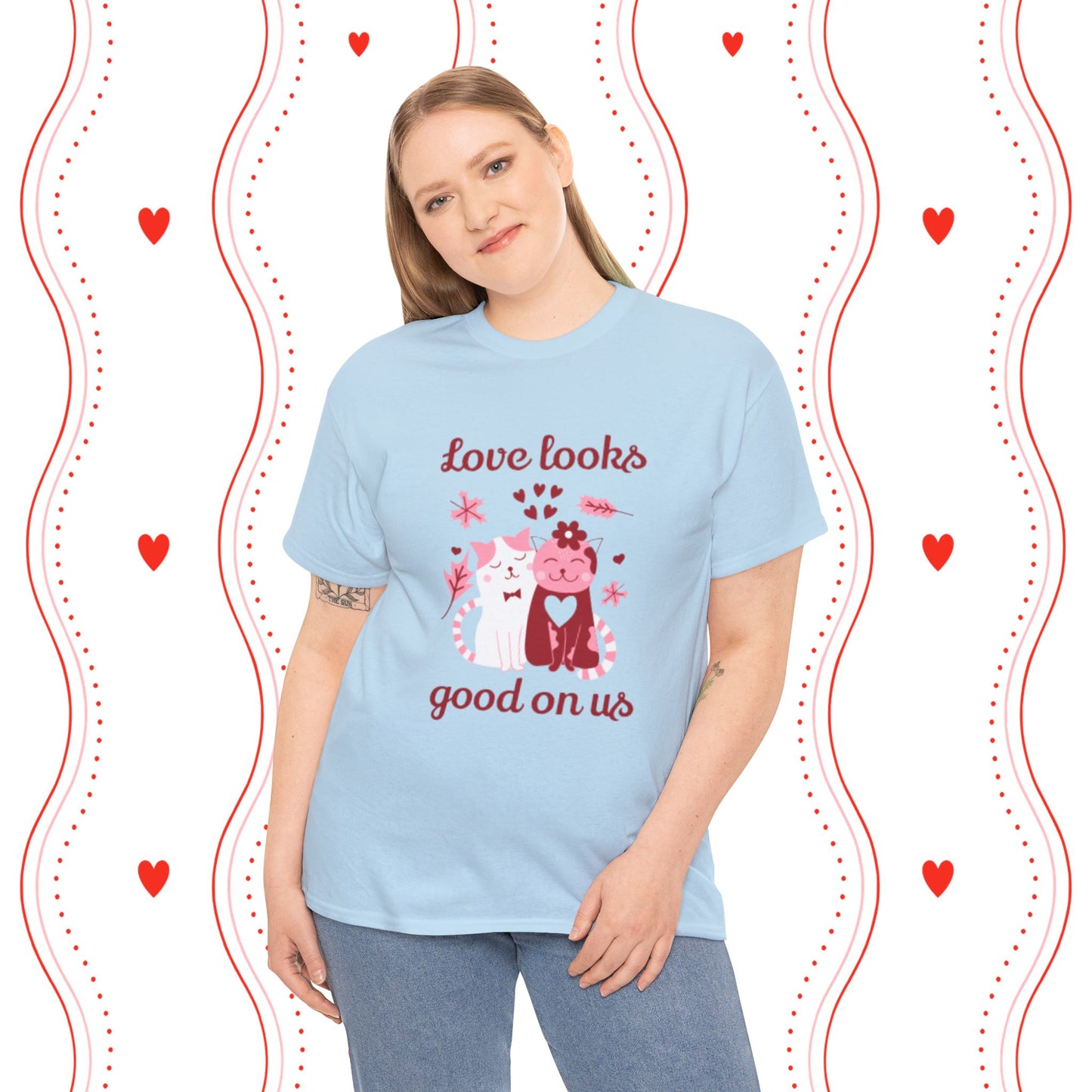 Love Looks Good On Us Tee — Romantic Cat Heart Valentine T-Shirt
