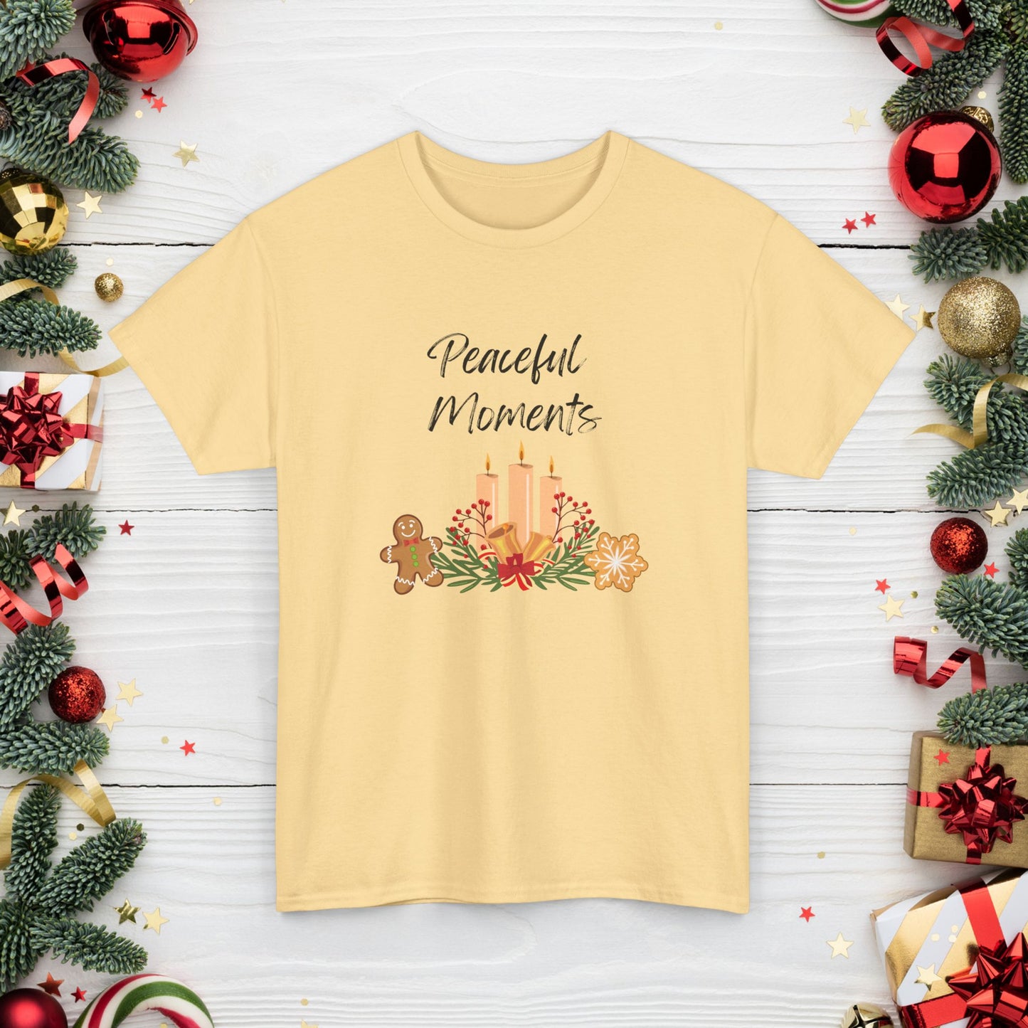 Peaceful Moments Tee — Holiday Candle & Floral Graphic T-Shirt, Cozy Christmas Aesthetic