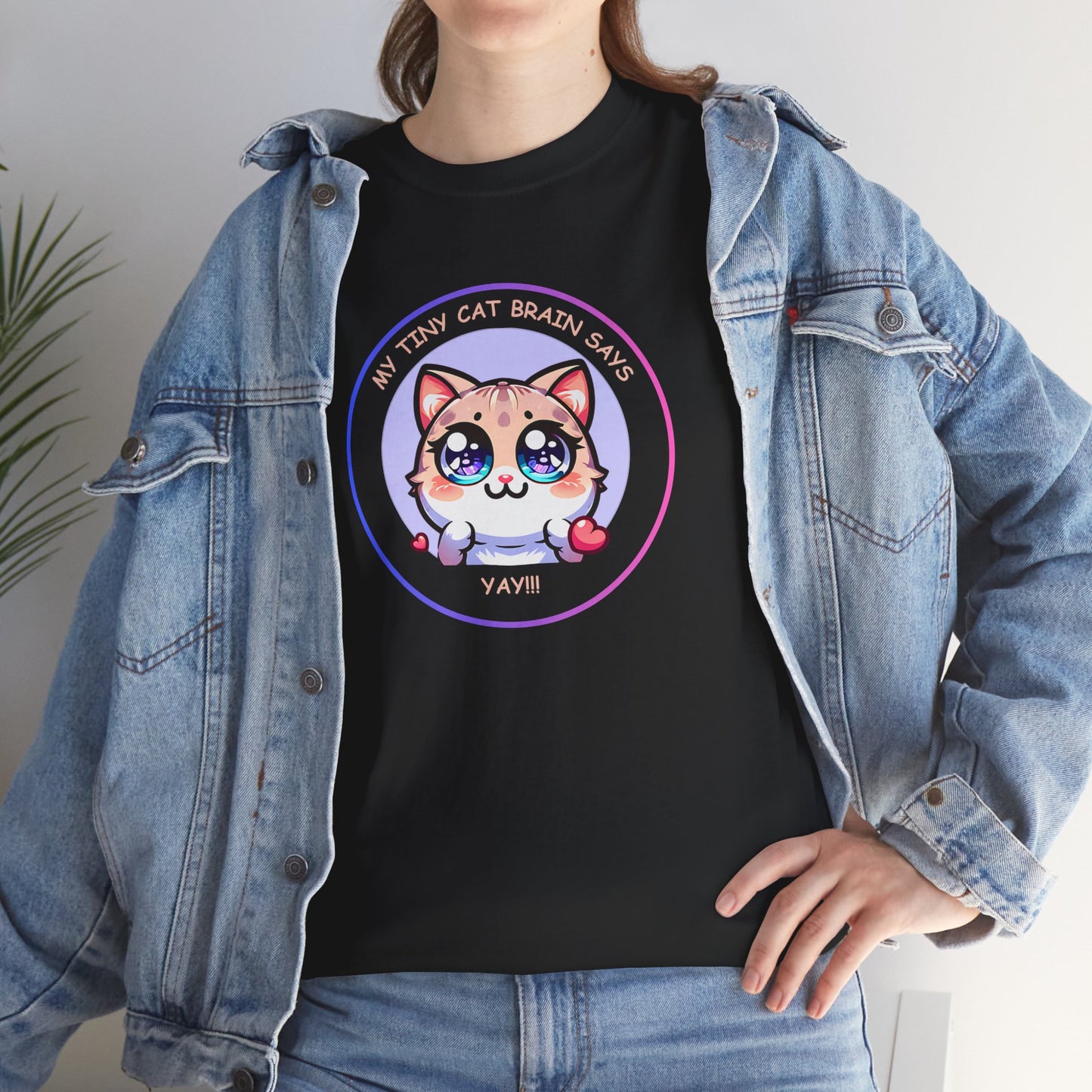 Kawaii Cat Mood Emote Tee — "My Tiny Cat Brain Says, Yay!"