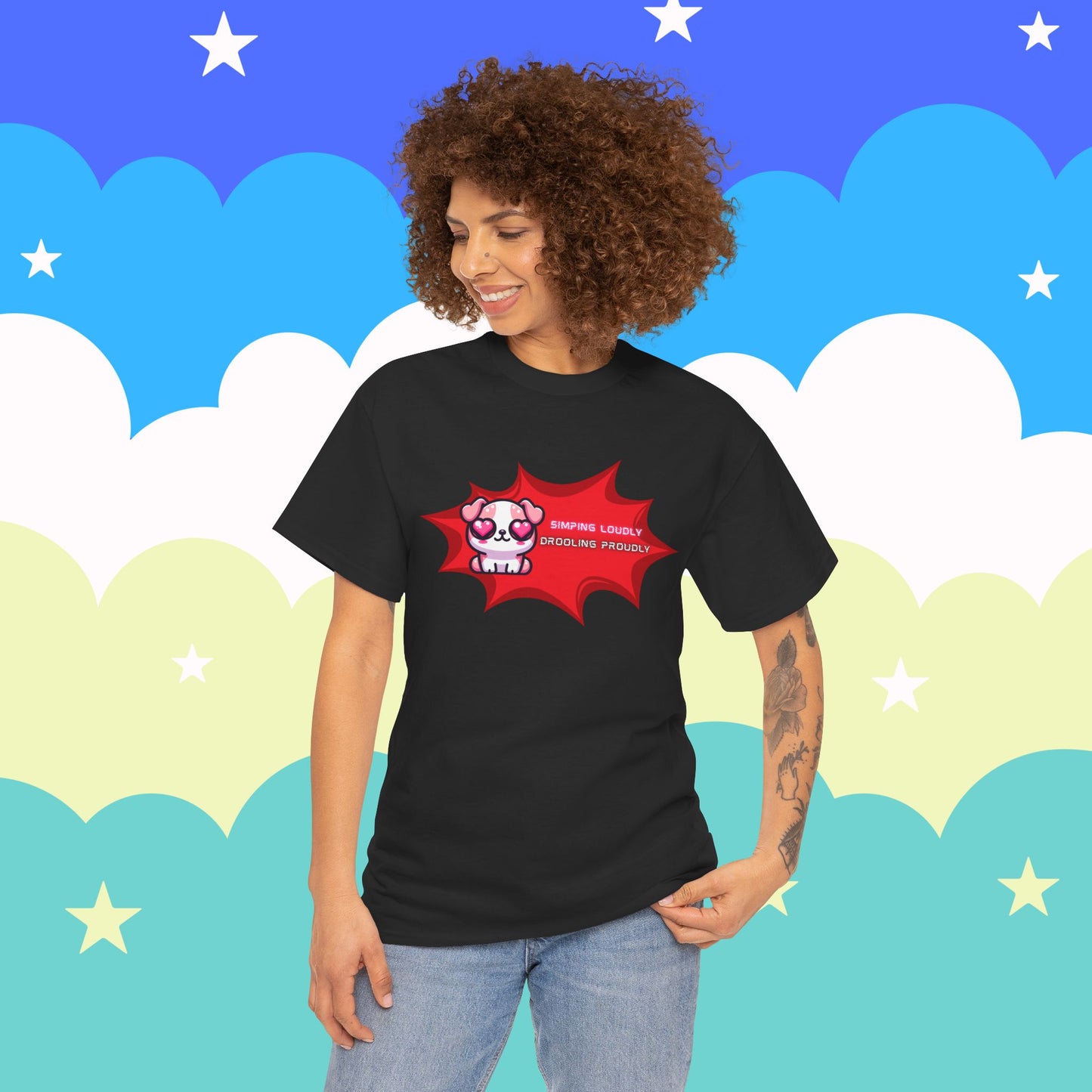 Kawaii Heart-Eyed "Simping Loudly, Drooling Proudly" Pink Bulldog T-Shirt