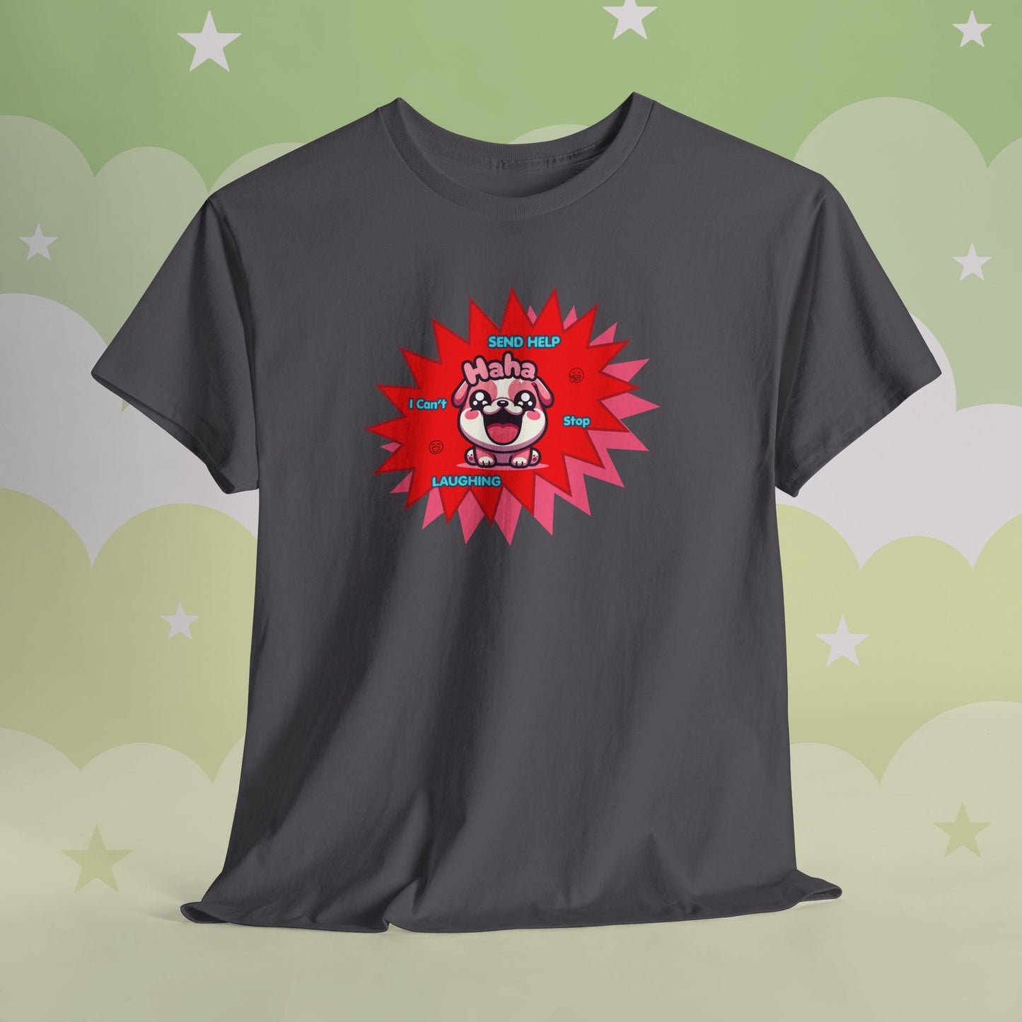 Laughing Pink Bulldog T-Shirt — "Help, I Can't Stop Laughing" Funny Emote Tee