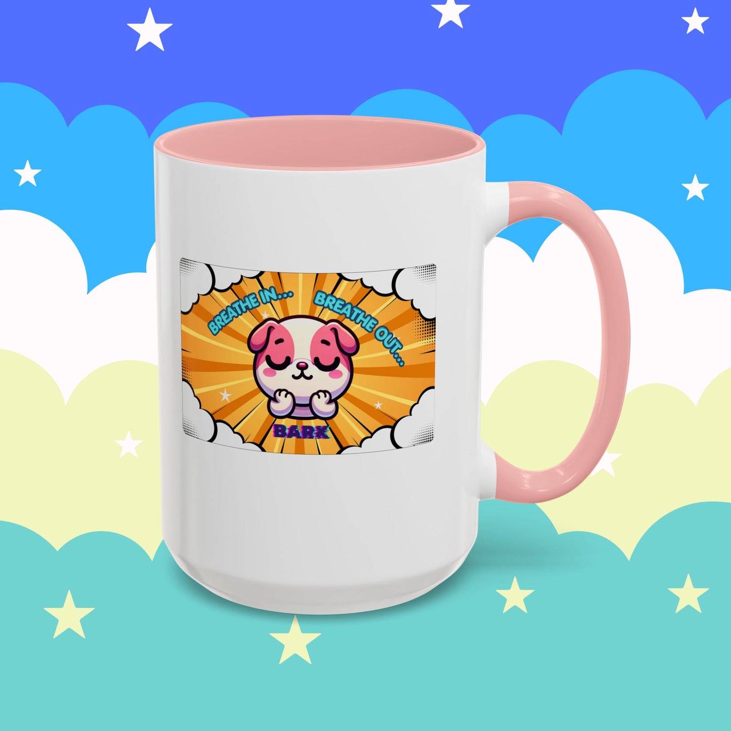 Stay Calm Pink Bulldog Kawaii Emote Coffee Mug — "Breathe In... Breathe Out... Bark"