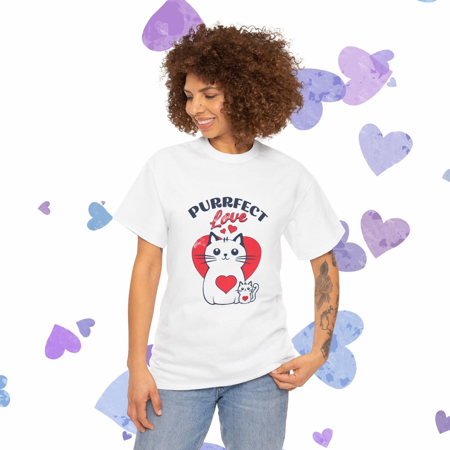 Purrfect Love Cat T-Shirt — Cute Heart Cat Graphic Tee for Cat Lovers, Valentine's Day Gift