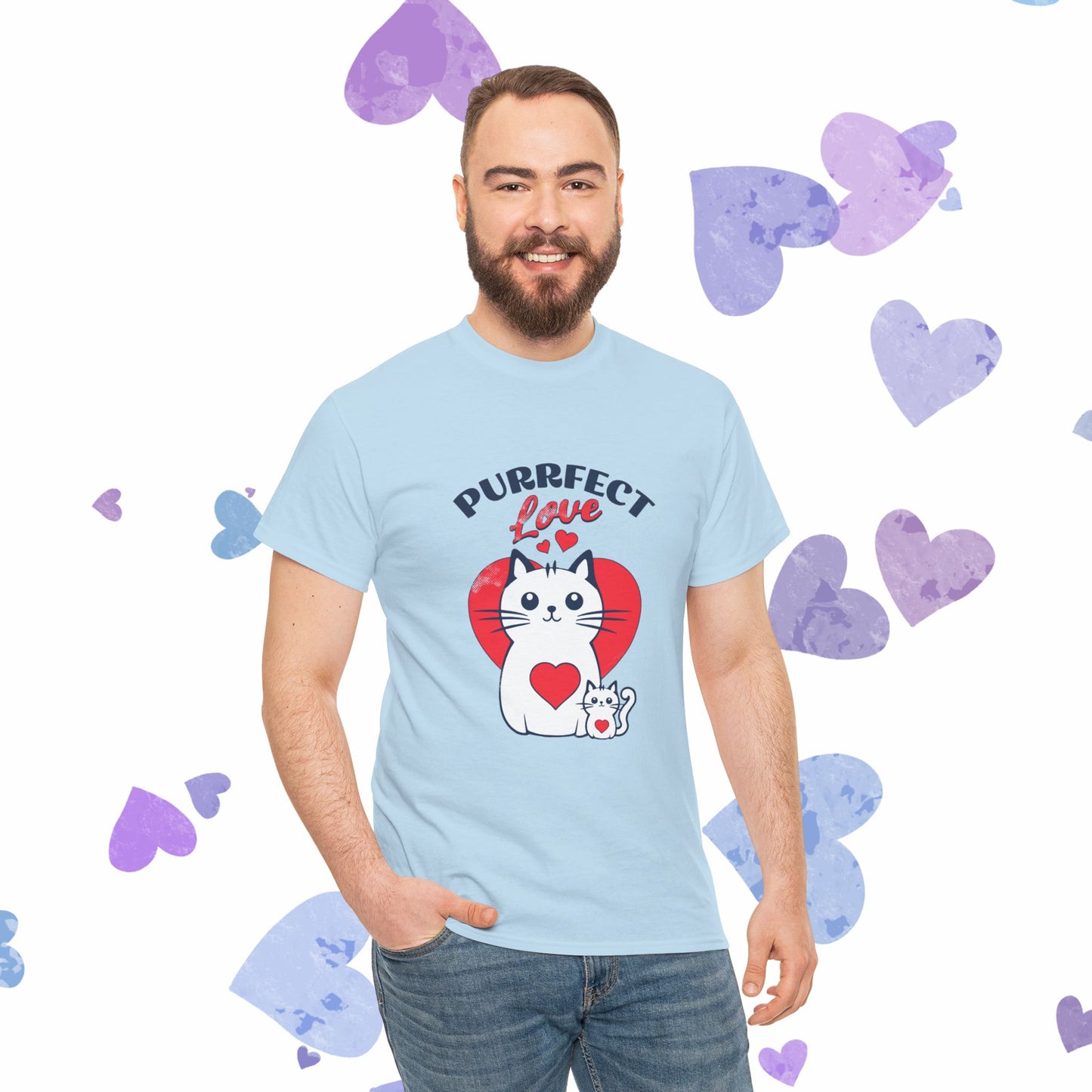 Purrfect Love Cat T-Shirt — Cute Heart Cat Graphic Tee for Cat Lovers, Valentine's Day Gift