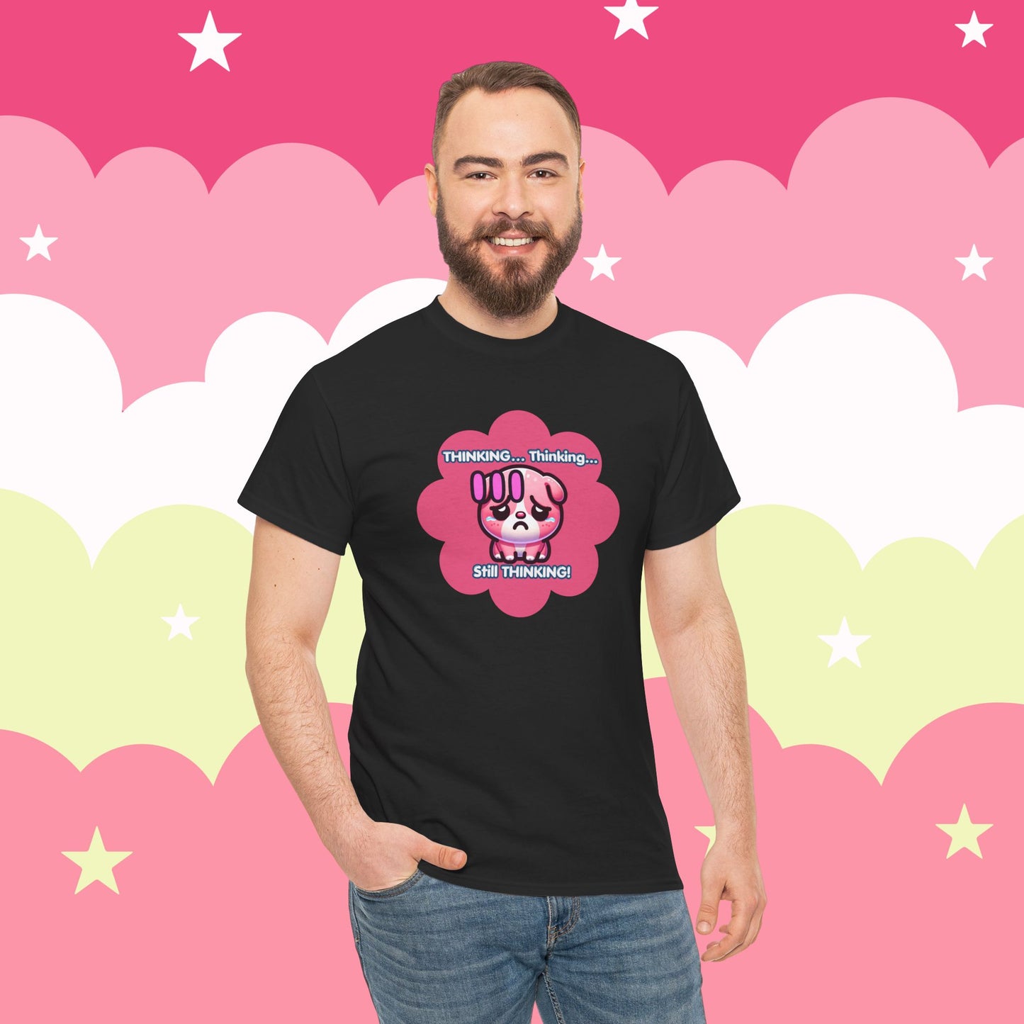 Contemplating Pink Bulldog Emote "Thinking... Still Thinking!" MoodT-Shirt