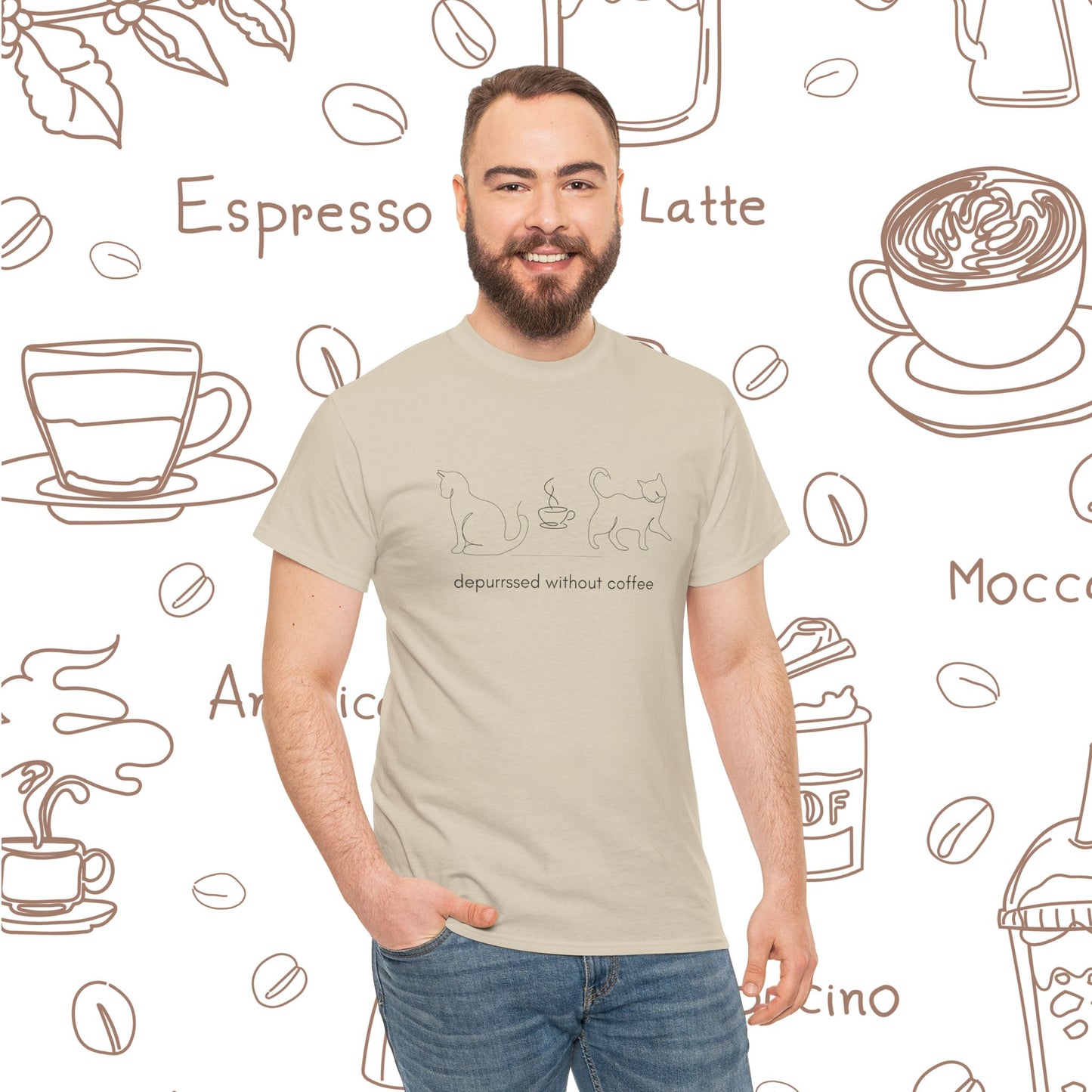 Depurrssed Without Coffee — Minimalist Caffeine Tee, Coffee Cat T‑Shirt