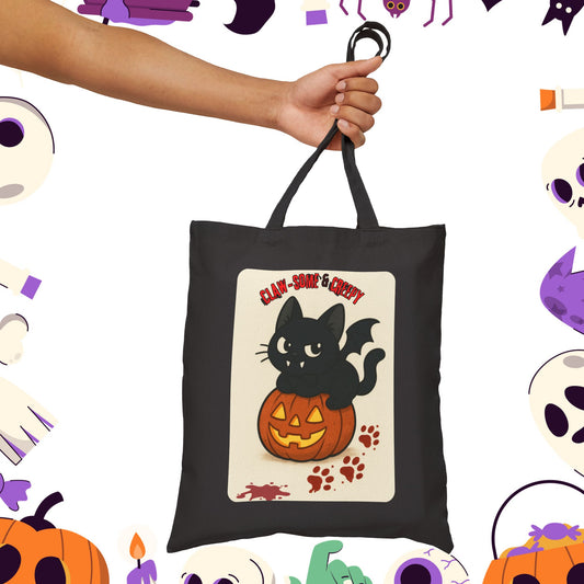 Claw-Some and Creepy - Halloween Cat Tote Bag, Spooky Canvas Shopper, Trick or Treat Gift, Pumpkin Decoration, Fall Accessory