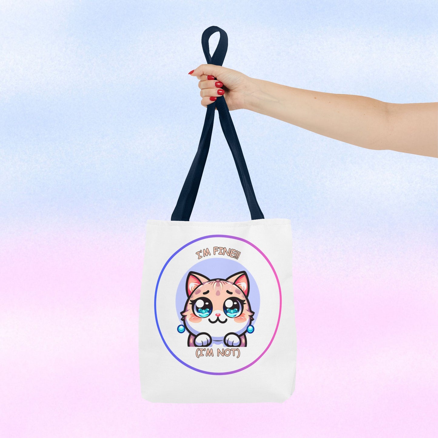 Cute Kawaii Cat Meltdown Emote Tote Bag — "I’m Fine(I'm Not)" Graphic Tote