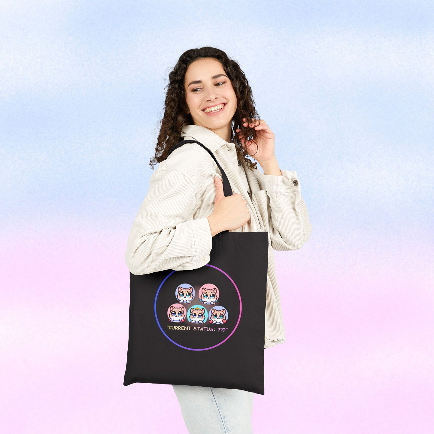 Cat Mood Tote Bag — Cute Kawaii Cat Faces "Current Status: ???" Canvas Tote