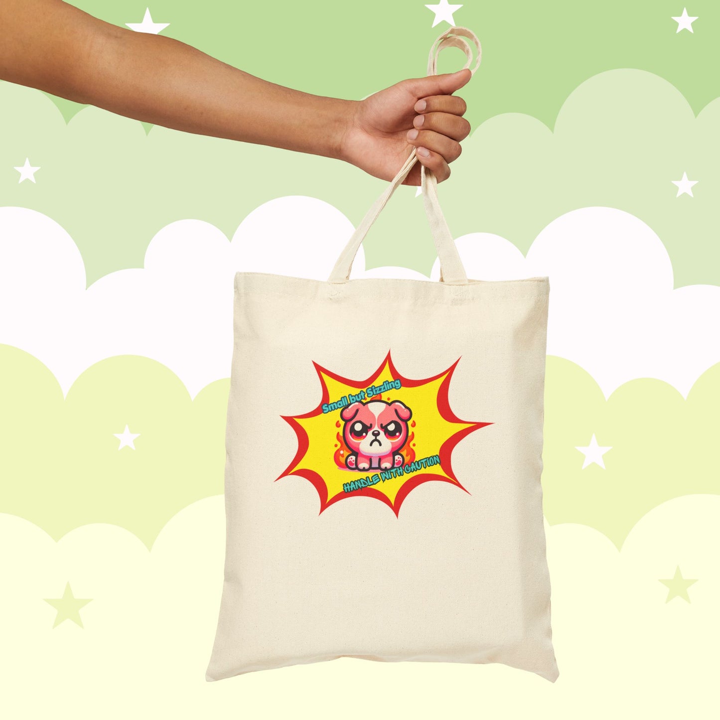 Pink Bulldog Tote Bag, "Small but Sizzling, Handle with Caution' Cute Fiery Mad Pink Emote