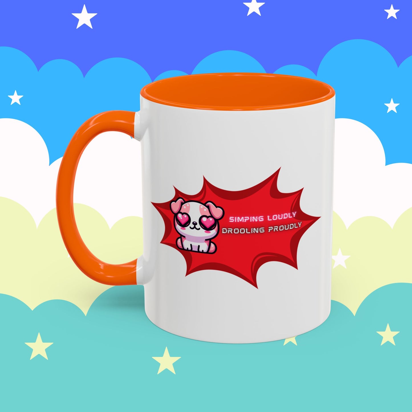 Cute Pink Bulldog Coffee Mug — “Simping Loudly, Drooling Proudly” Kawaii Heart-Eyed