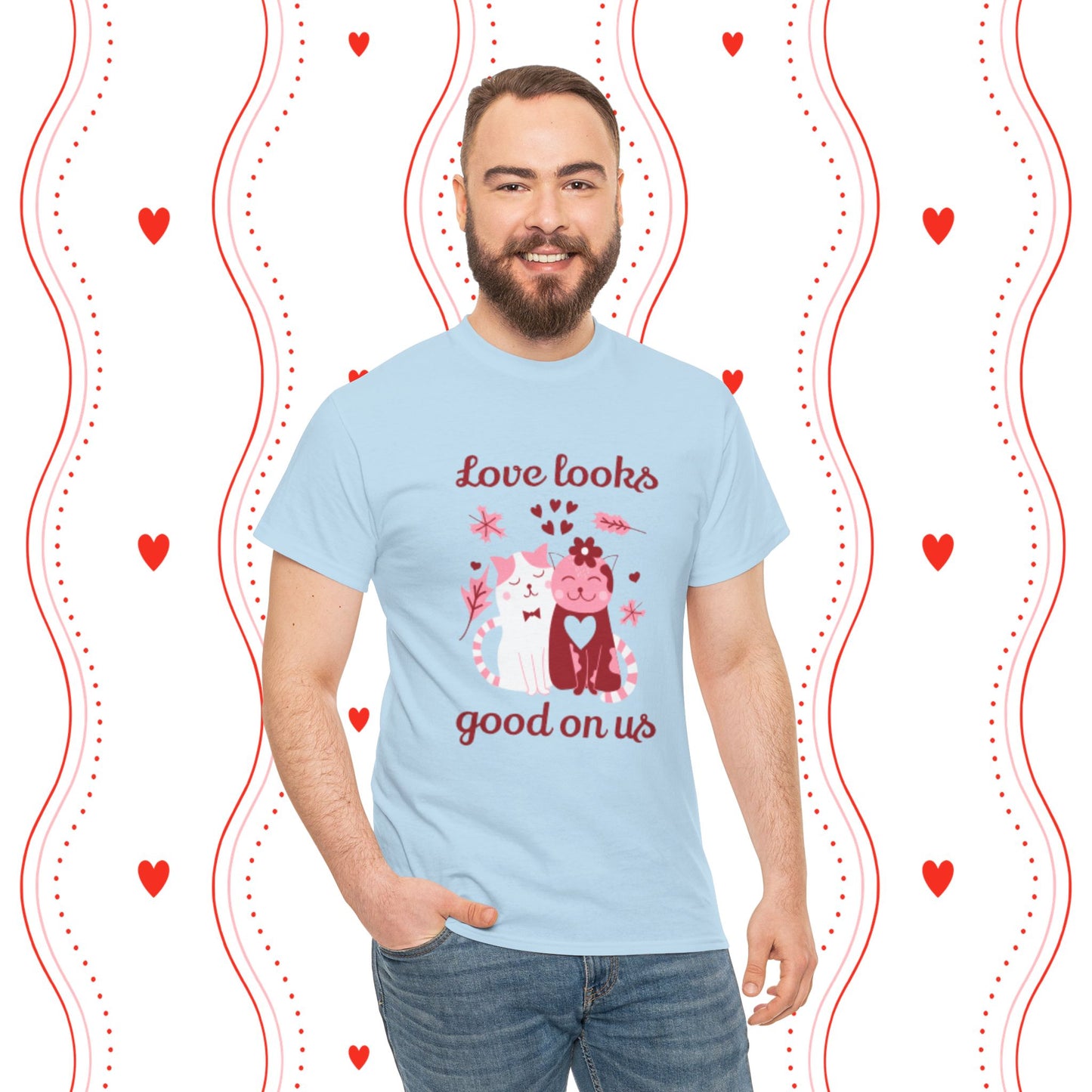 Love Looks Good On Us Tee — Romantic Cat Heart Valentine T-Shirt