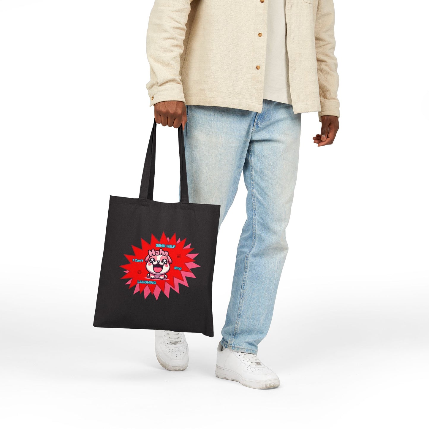 Canvas Tote Bag — Laughing Pink Bulldog "Send Help, I Can't Stop Laughing"