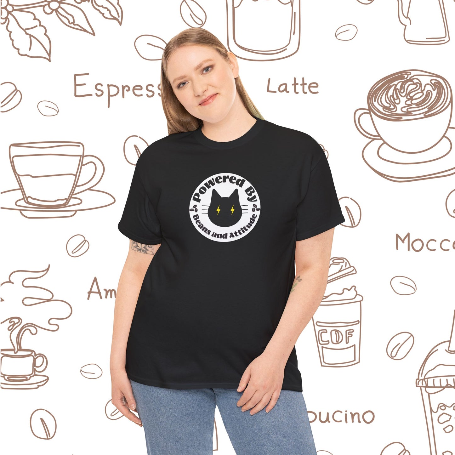 Powered By Beans & Attitude - Coffee Cat graphic tee | minimalist coffee cat illustration, pet lover shirt