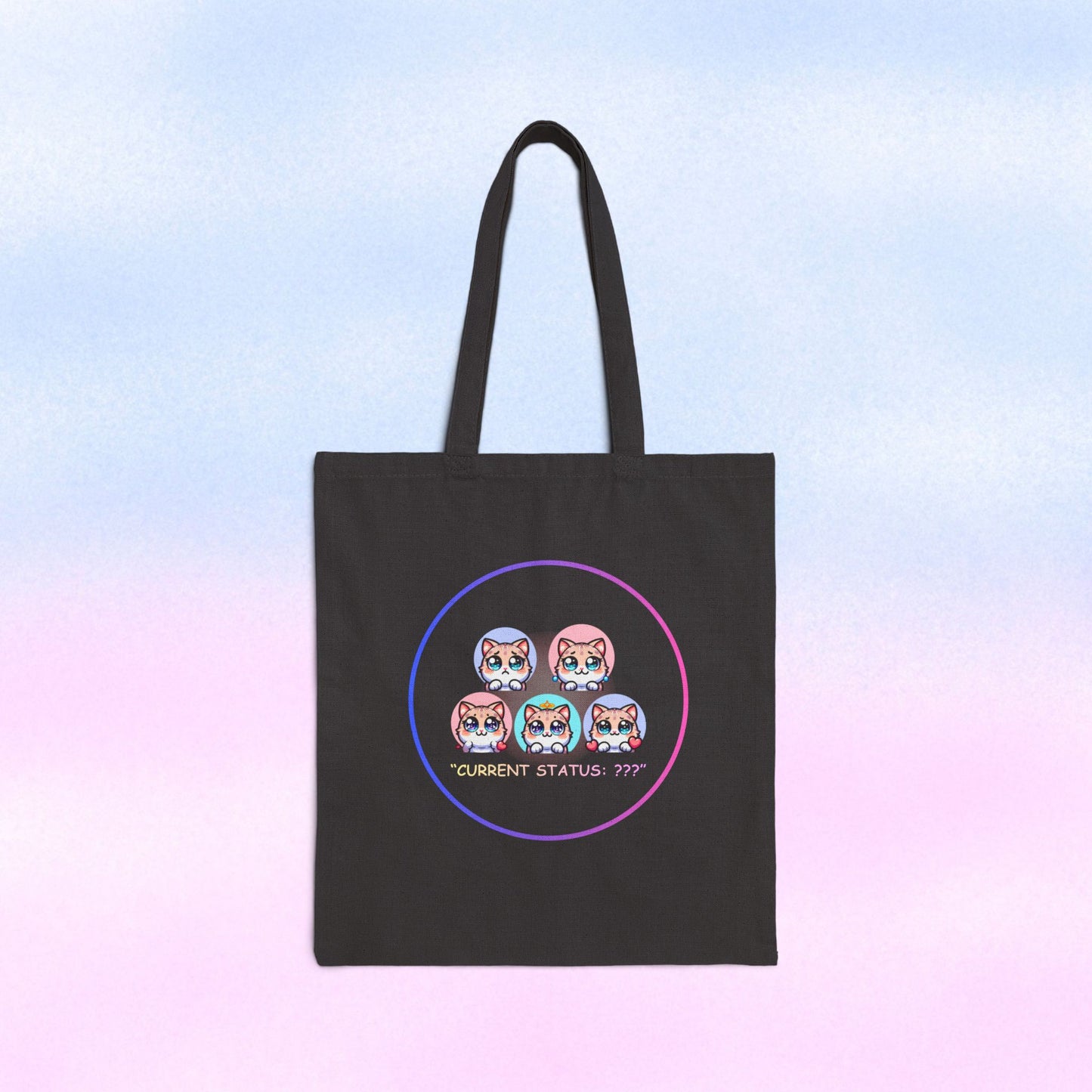 Cat Mood Tote Bag — Cute Kawaii Cat Faces "Current Status: ???" Canvas Tote