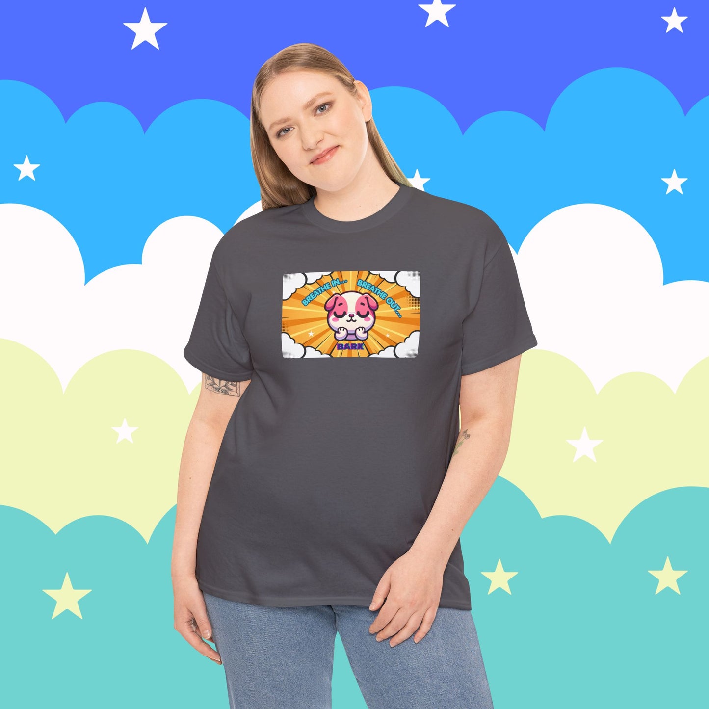Stay Calm Pink Bulldog T-Shirt — "Breath in, Breath out, Bark" Funny Tee