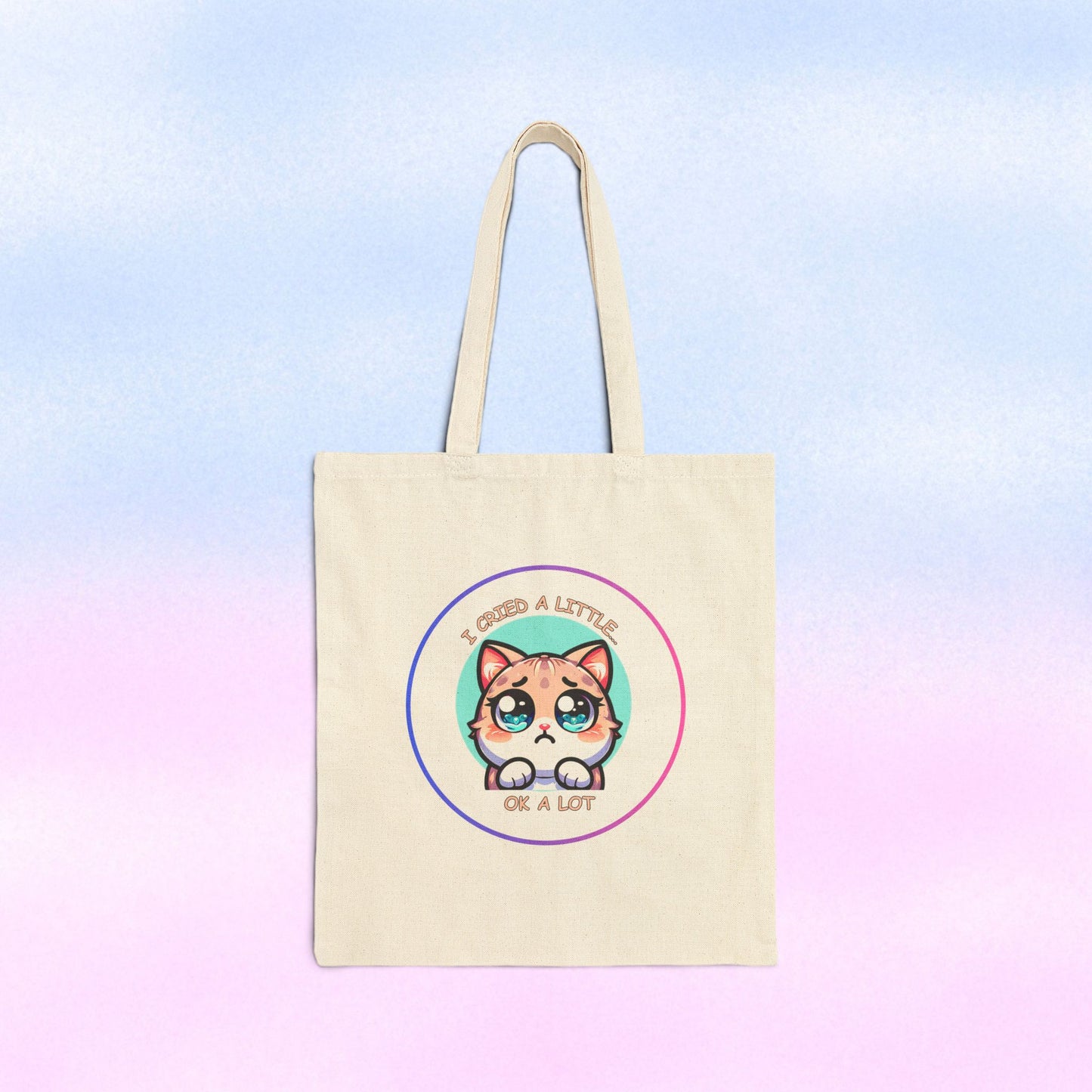 Cute Wide-Eyed Cat Illustration Tote Bag | "I Cried a Little... Ok a Lot"