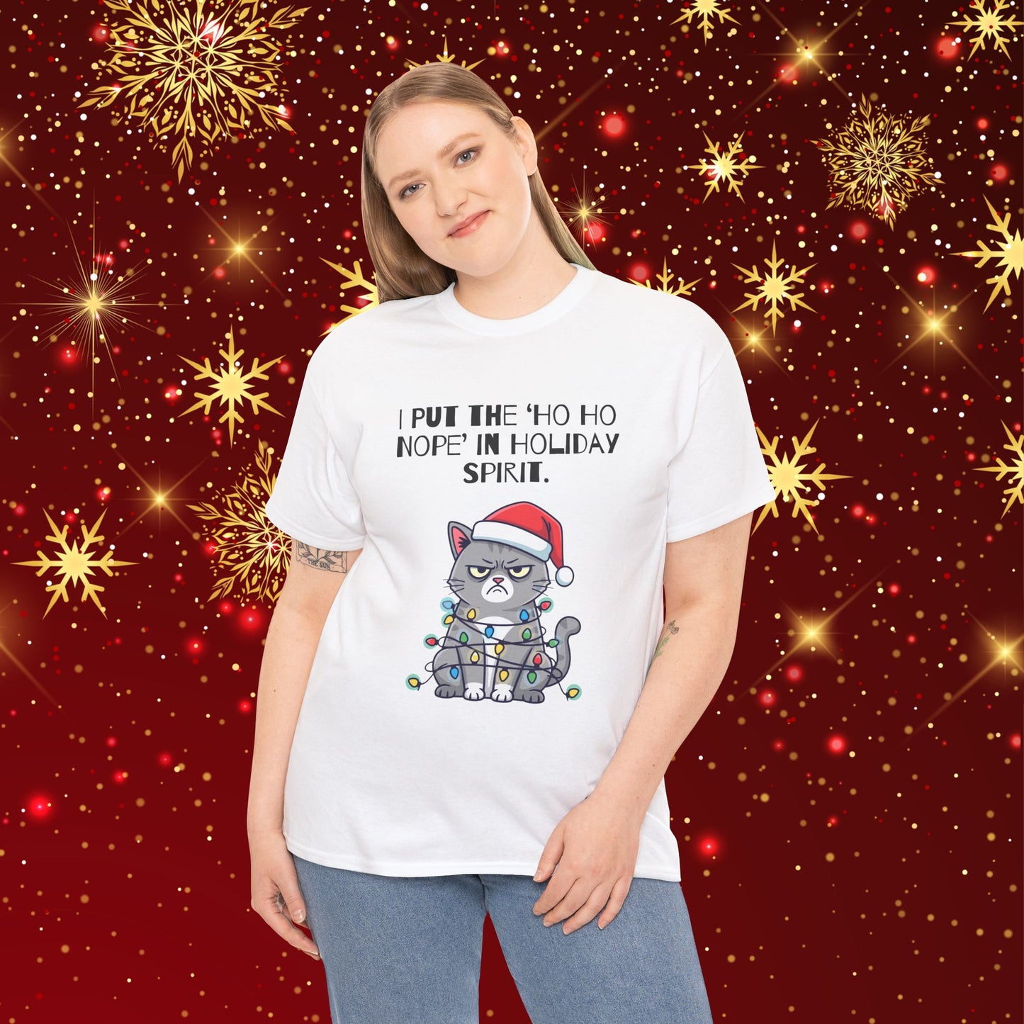 Grumpy Cat Christmas T-Shirt – "I Put the 'Ho Ho Nope' in Holiday Spirit"