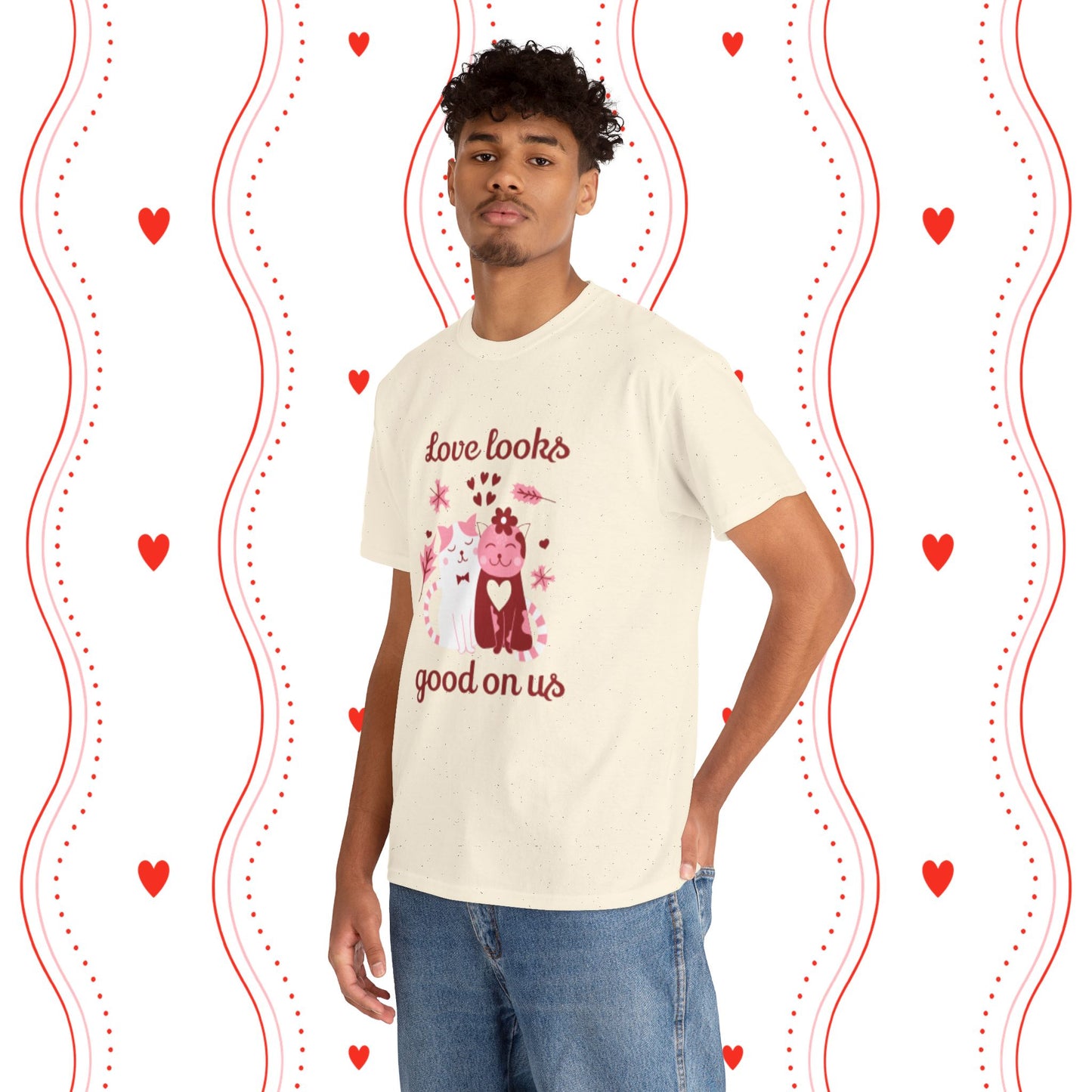 Love Looks Good On Us Tee — Romantic Cat Heart Valentine T-Shirt