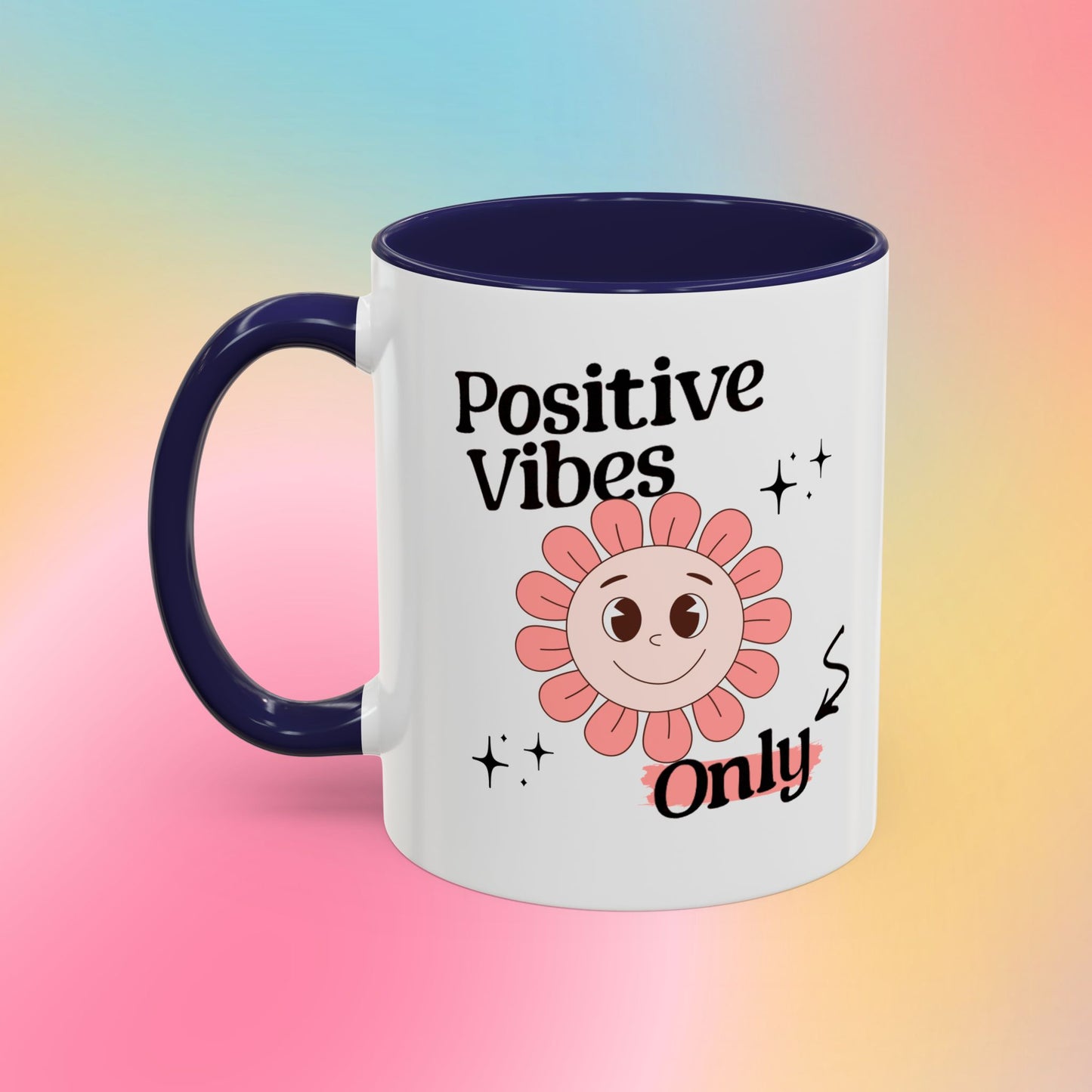 Retro Smiling Pink Flower Accent Coffee Mug — "Positive Vibes Only"