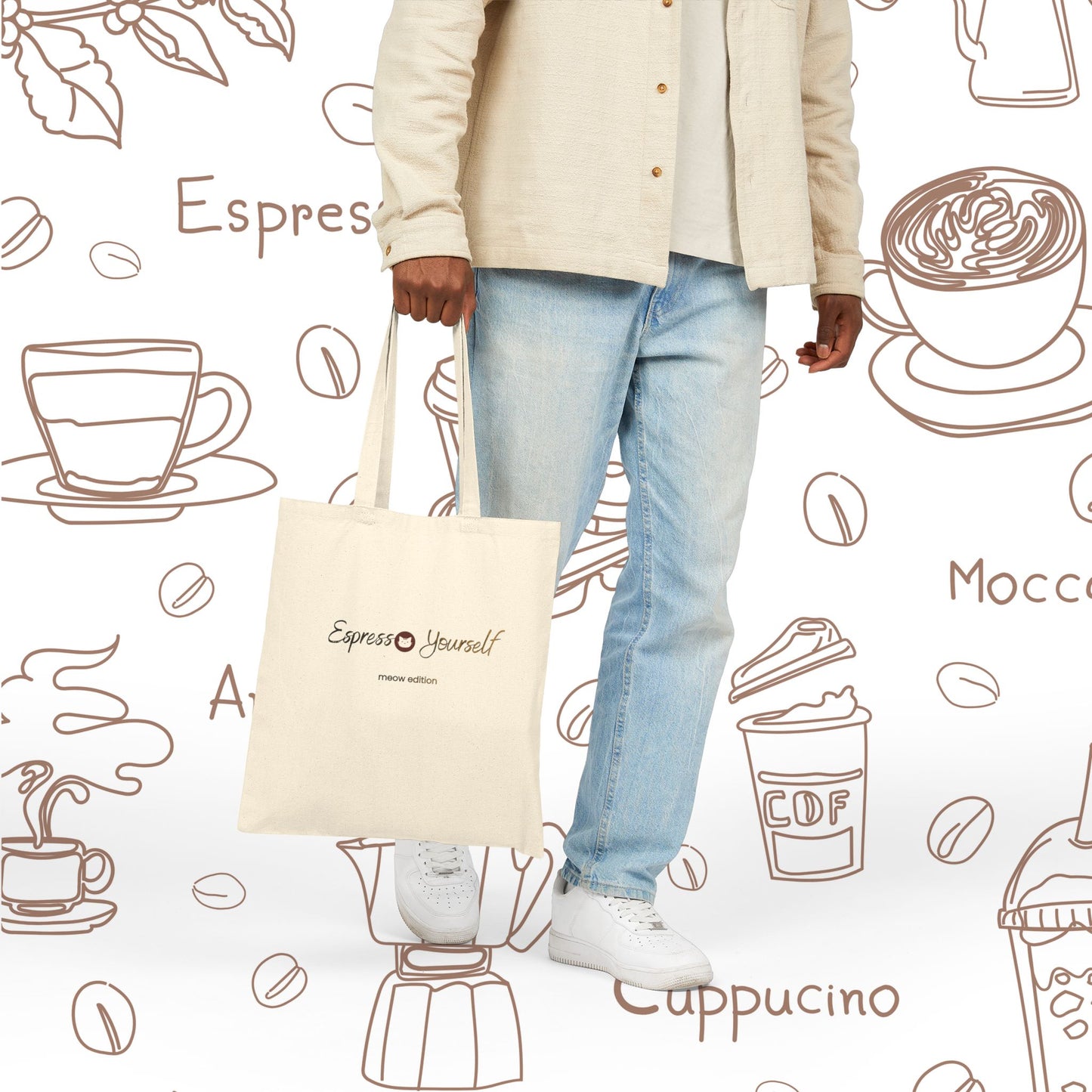 Espresso Yourself Meow Edition Coffee Cat Canvas Tote — Espresso Lover Cotton Bag