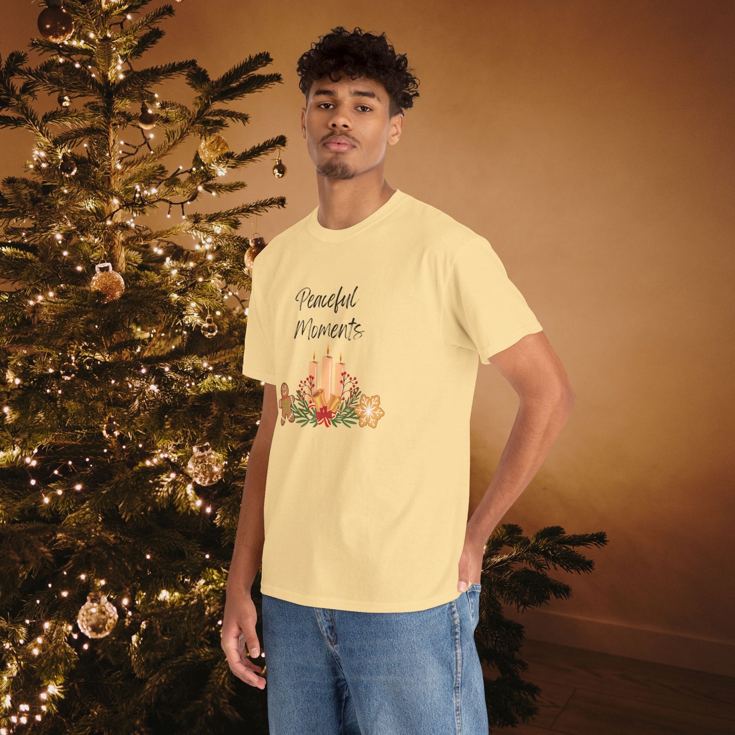 Peaceful Moments Tee — Holiday Candle & Floral Graphic T-Shirt, Cozy Christmas Aesthetic